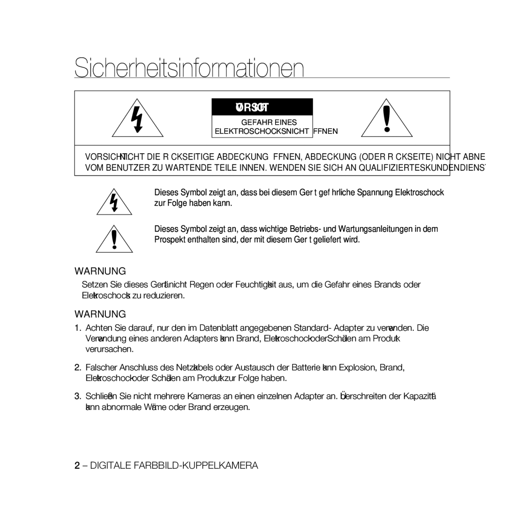 Samsung SCC-B5396P, SCC-B5398P, SCC-B5398BP manual Sicherheitsinformationen, Warnung, Digitale FARBBILD-KUPPELKAMERA 