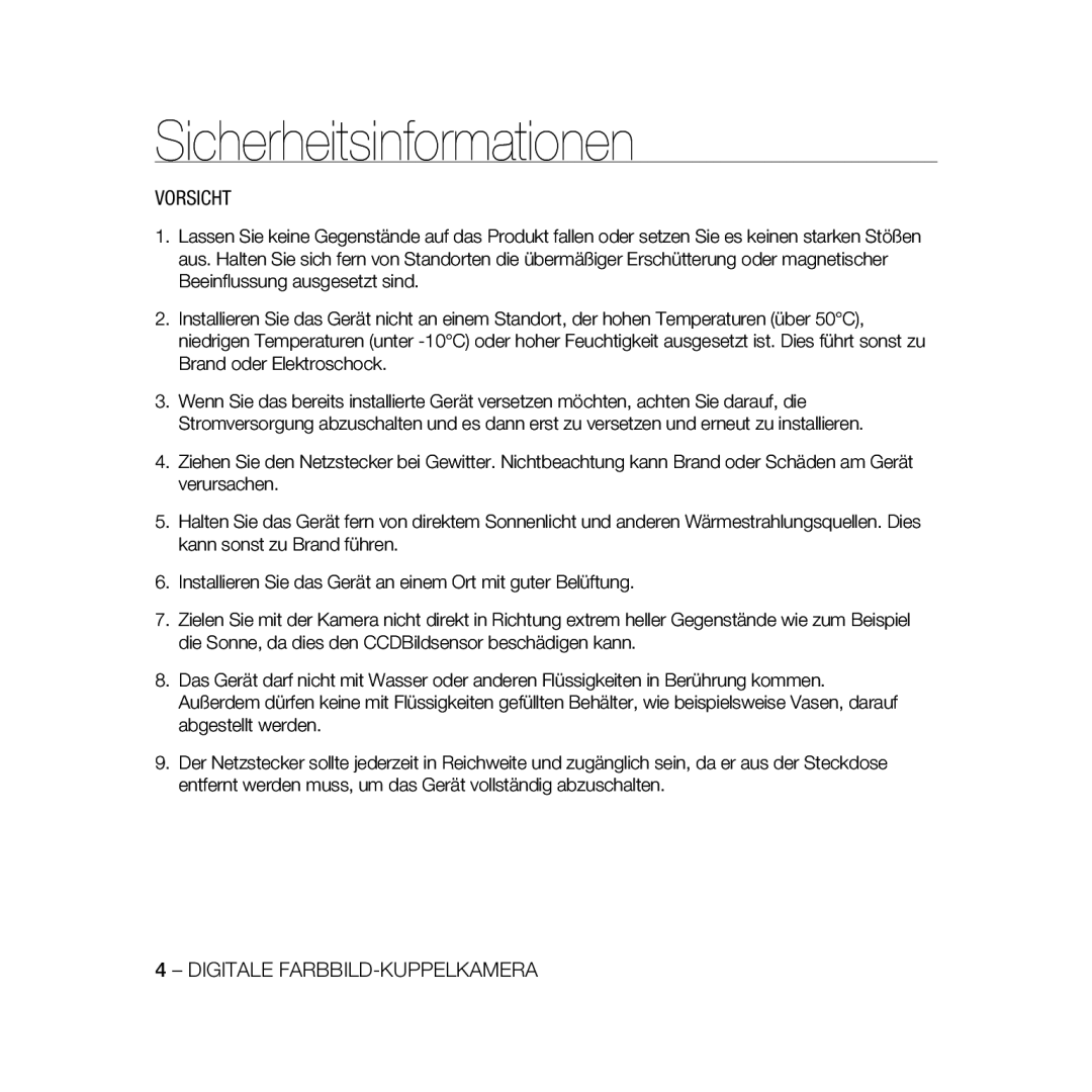 Samsung SCC-B5398P, SCC-B5396P, SCC-B5398BP manual Vorsicht 