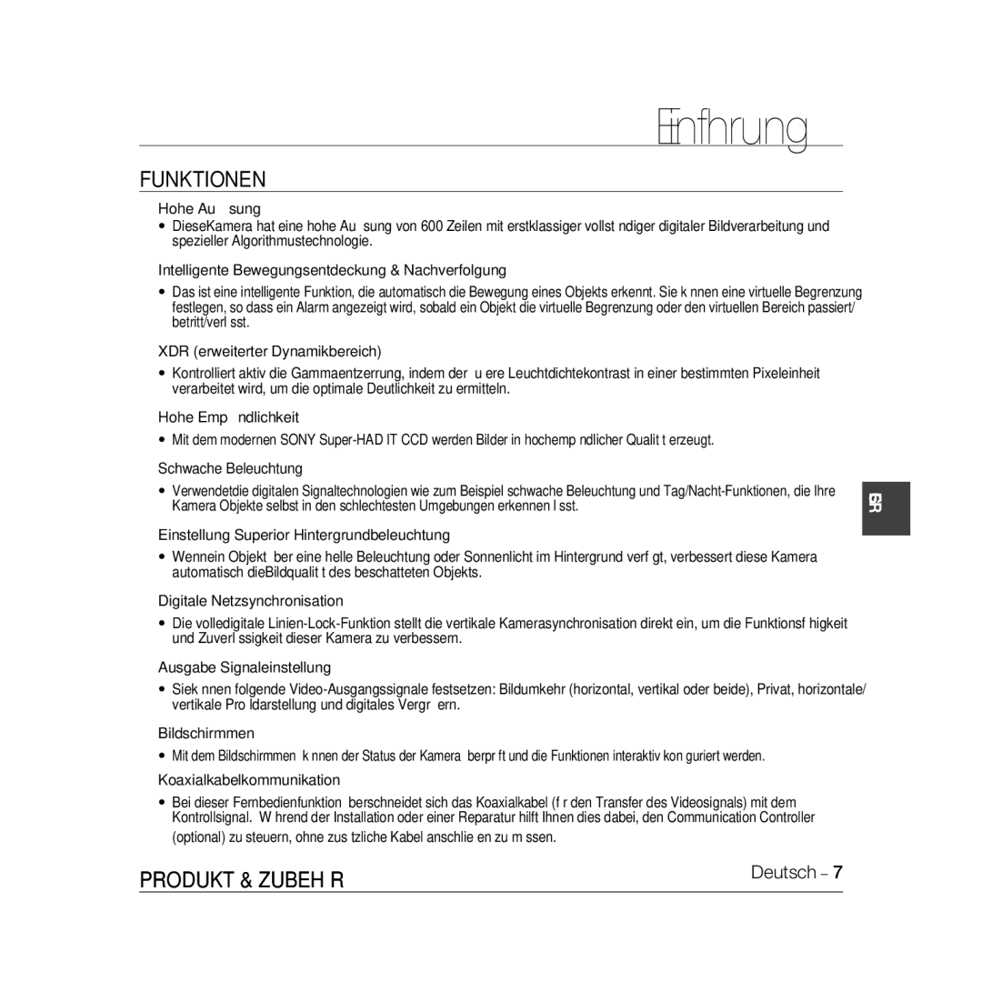 Samsung SCC-B5398P, SCC-B5396P, SCC-B5398BP Einführung, Funktionen, Produkt & Zubehör, Koaxialkabelkommunikation, Deutsch 