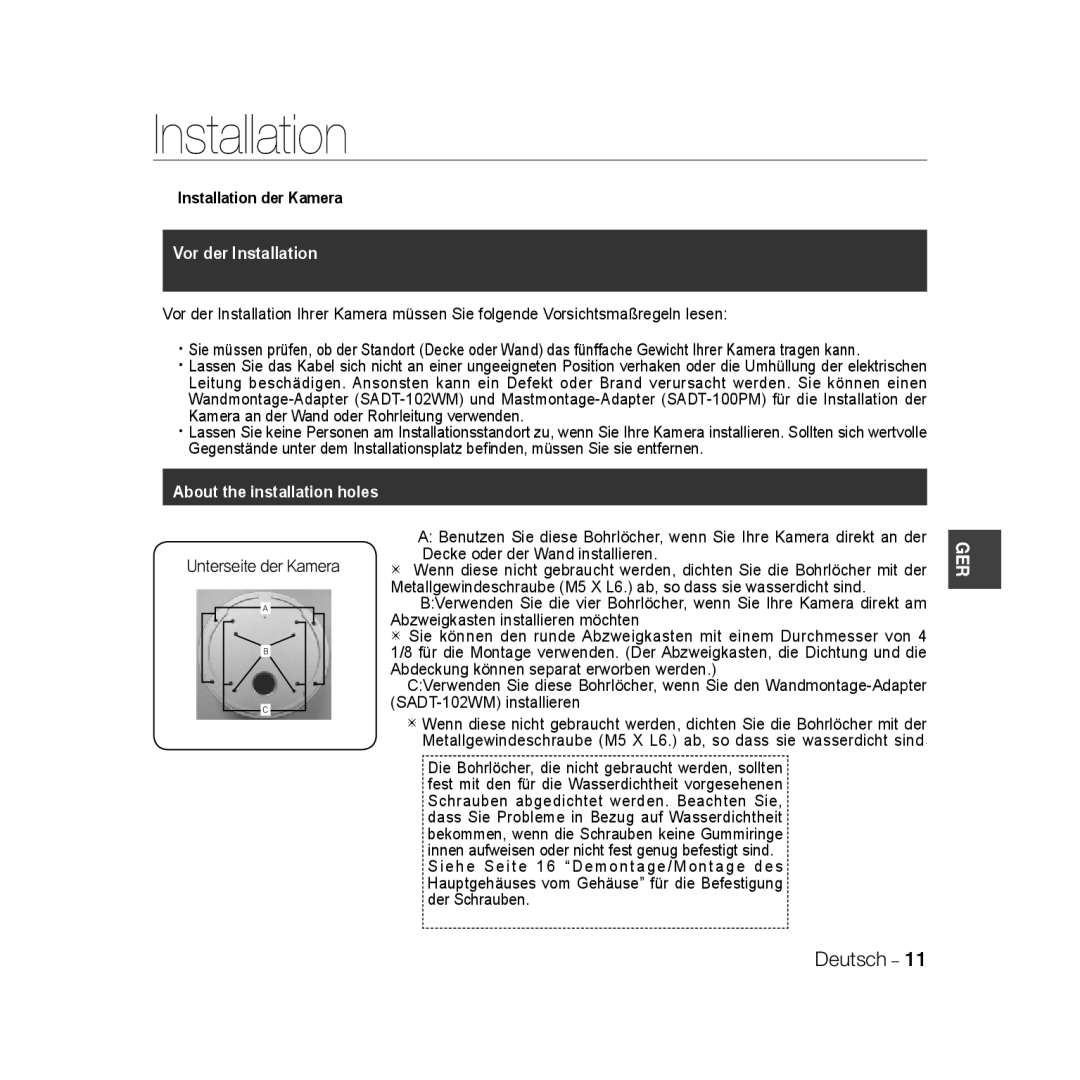 Samsung SCC-B5396P, SCC-B5398P, SCC-B5398BP manual Installation der Kamera, Vor der Installation 