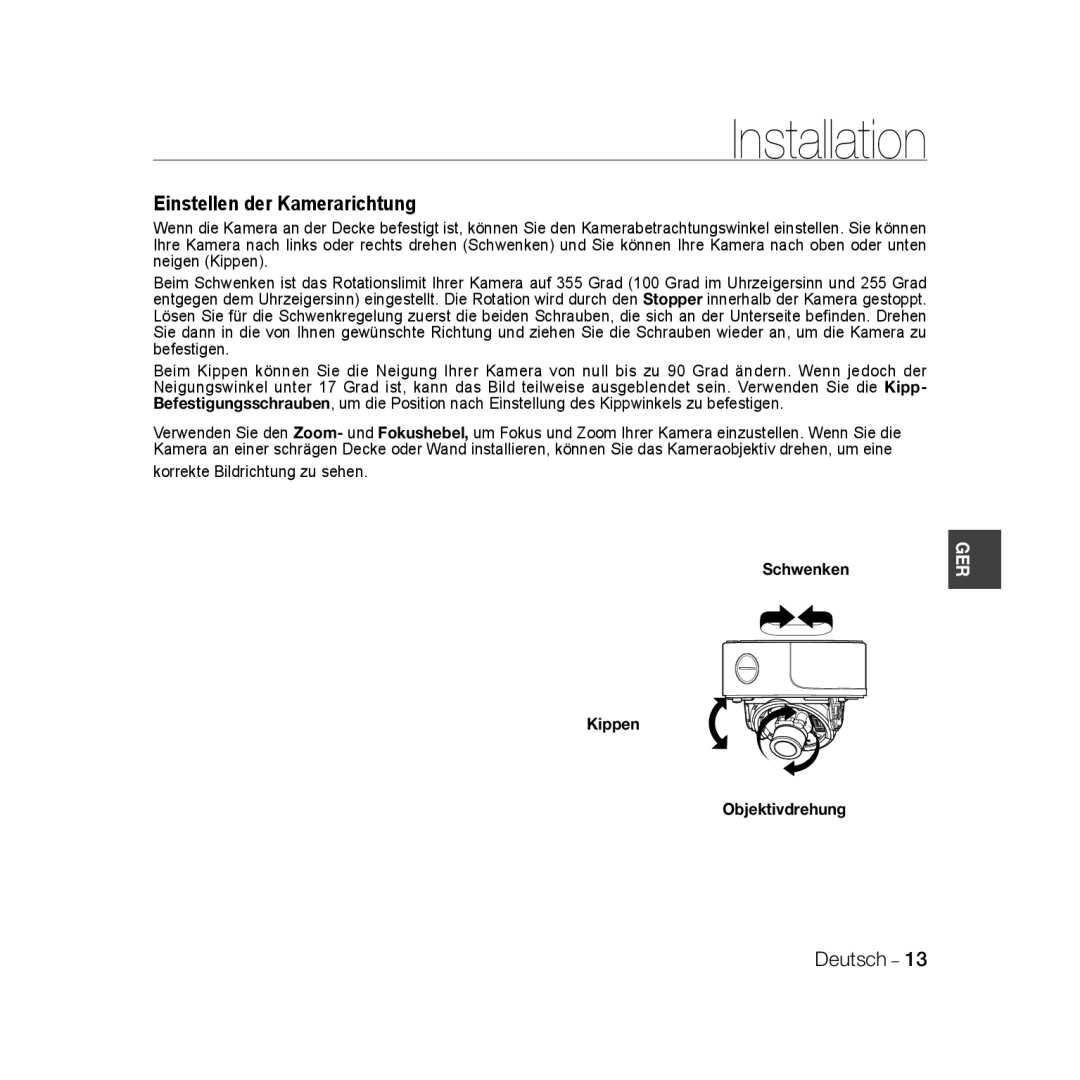 Samsung SCC-B5398P, SCC-B5396P, SCC-B5398BP manual Korrekte Bildrichtung zu sehen, Schwenken, Kippen Objektivdrehung 