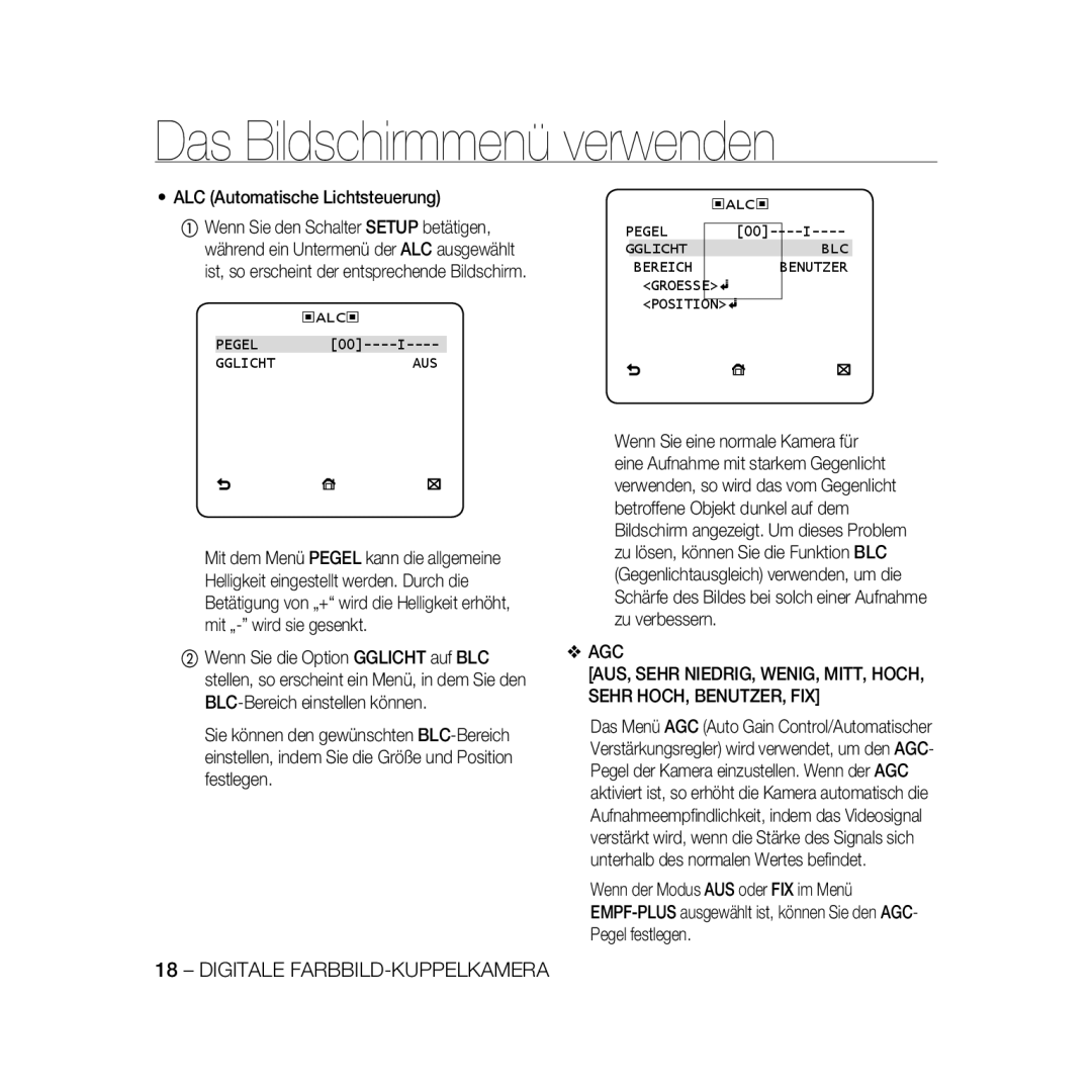 Samsung SCC-B5398BP, SCC-B5398P manual ALC Automatische Lichtsteuerung, ALC Pegel Gglicht AUS, ALC Pegel Gglicht BLC Bereich 