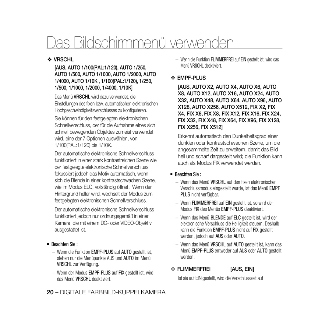 Samsung SCC-B5396P manual Vrschl, Empf-Plus, Flimmerfrei, Ist sie auf EIN gestellt, wird die Verschlusszeit auf, Aus, Ein 