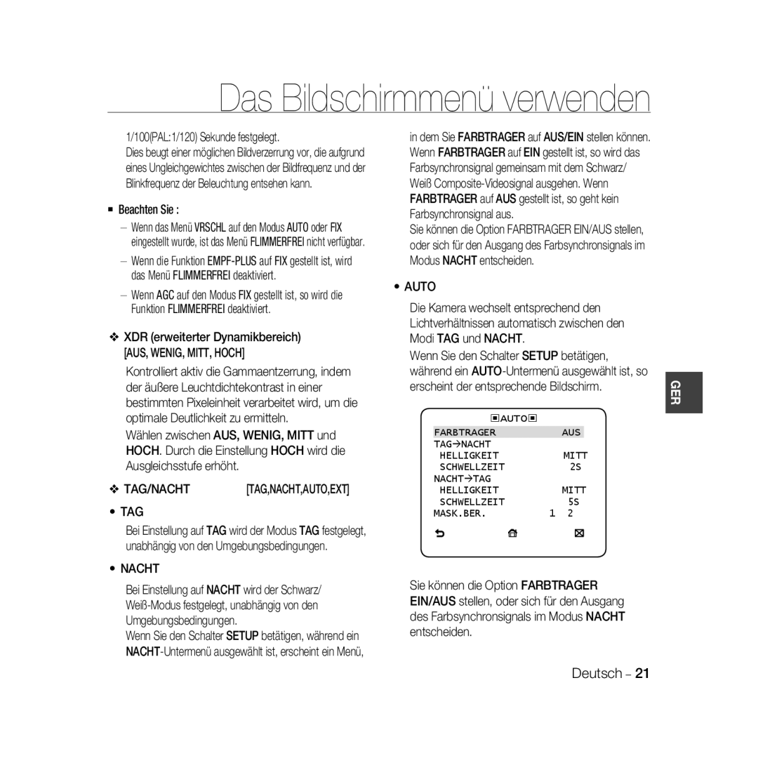 Samsung SCC-B5398BP, SCC-B5398P, SCC-B5396P manual 100PAL1/120 Sekunde festgelegt, Tag, Schwellzeit MASK.BER 