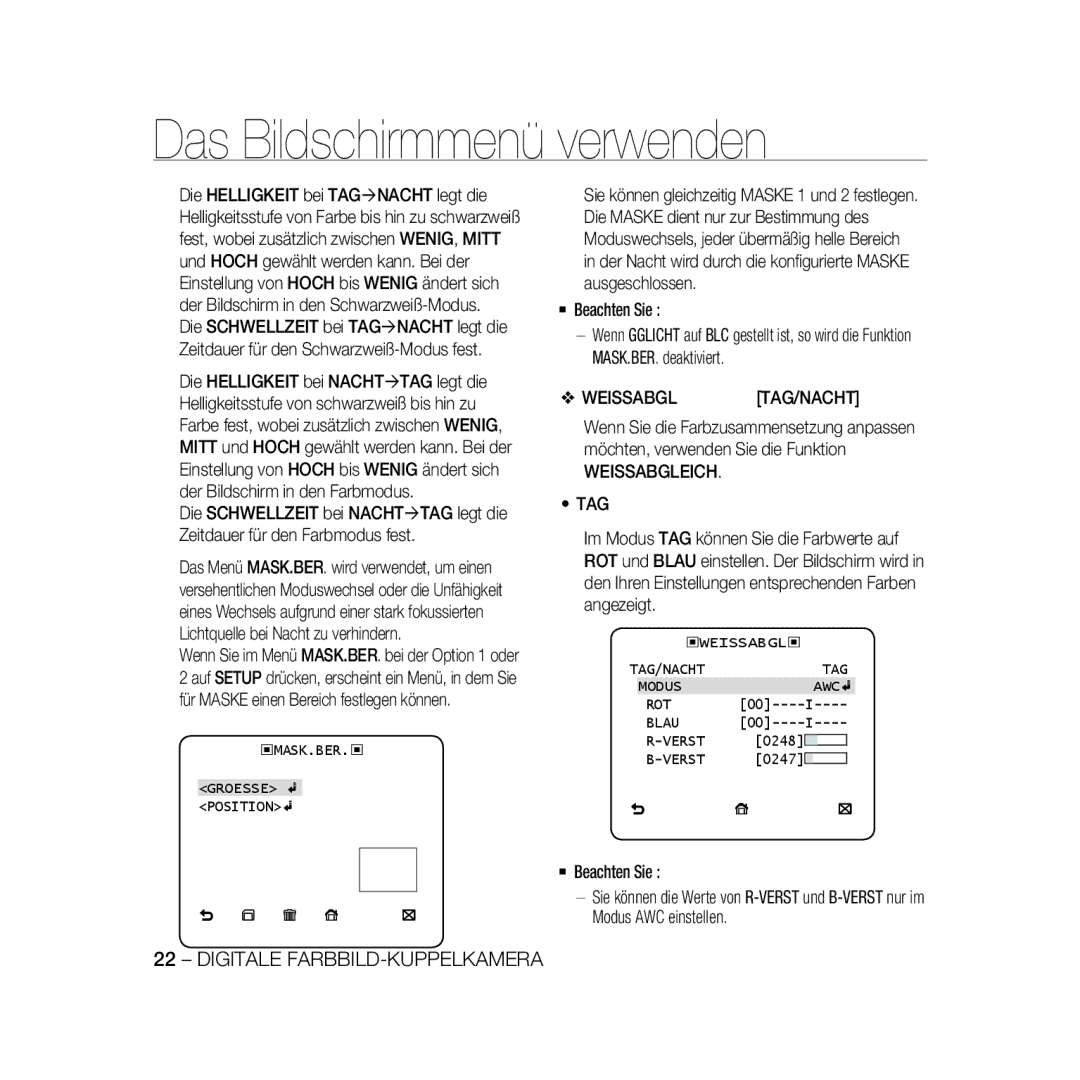 Samsung SCC-B5398P, SCC-B5396P, SCC-B5398BP manual Weissabgltag/Nacht, Weissabgleich TAG, MASK.BER Groesse Position 