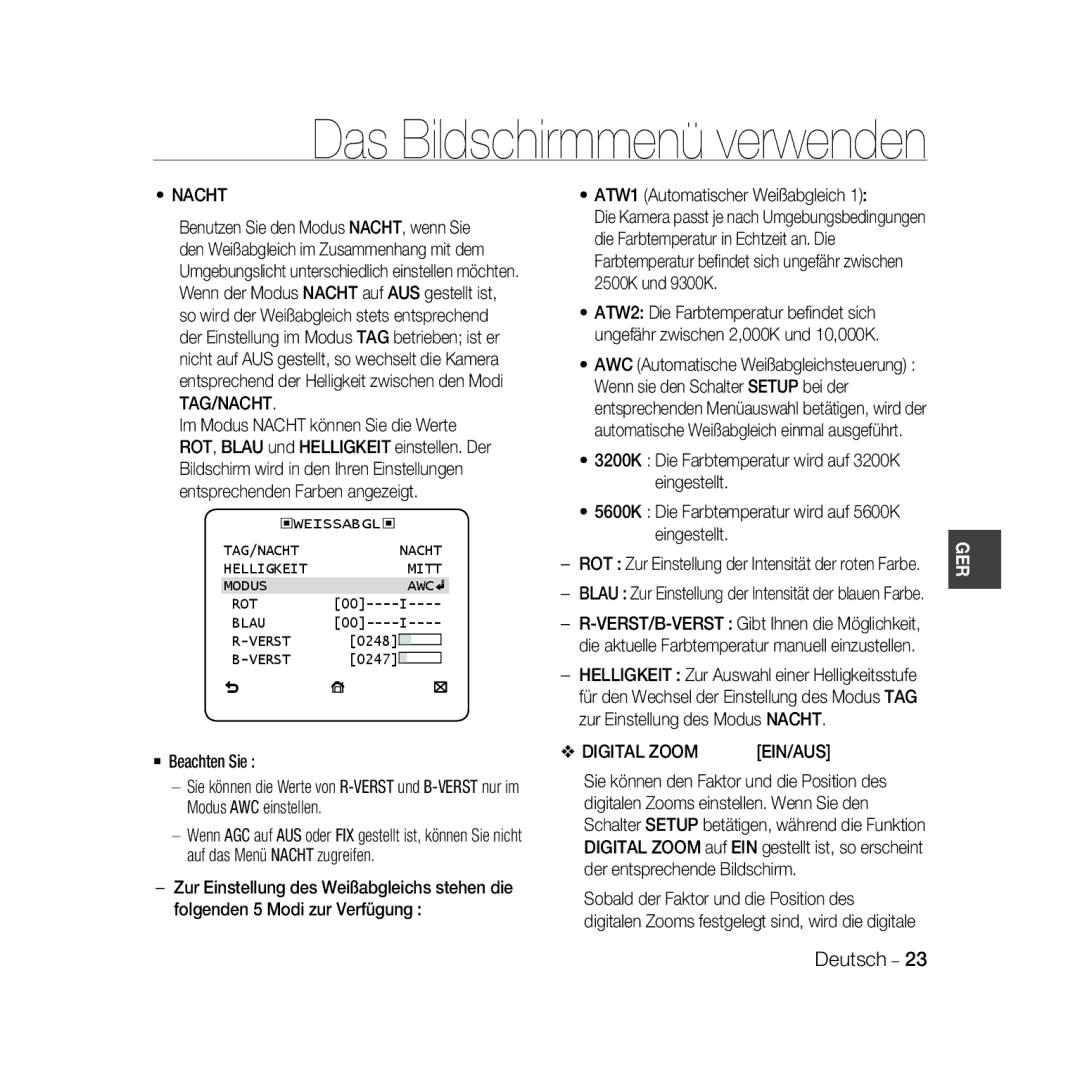 Samsung SCC-B5396P, SCC-B5398P, SCC-B5398BP manual  Beachten Sie ATW1 Automatischer Weißabgleich, Ein/Aus 