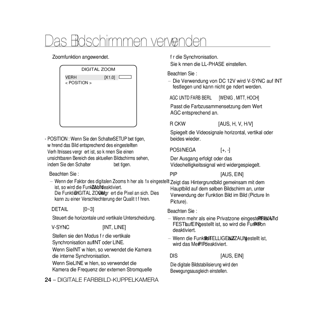 Samsung SCC-B5398BP, SCC-B5398P, SCC-B5396P Zoomfunktion angewendet, Detail 0~3, AGC entsprechend an, Rückw, Aus, H, V, H/V 