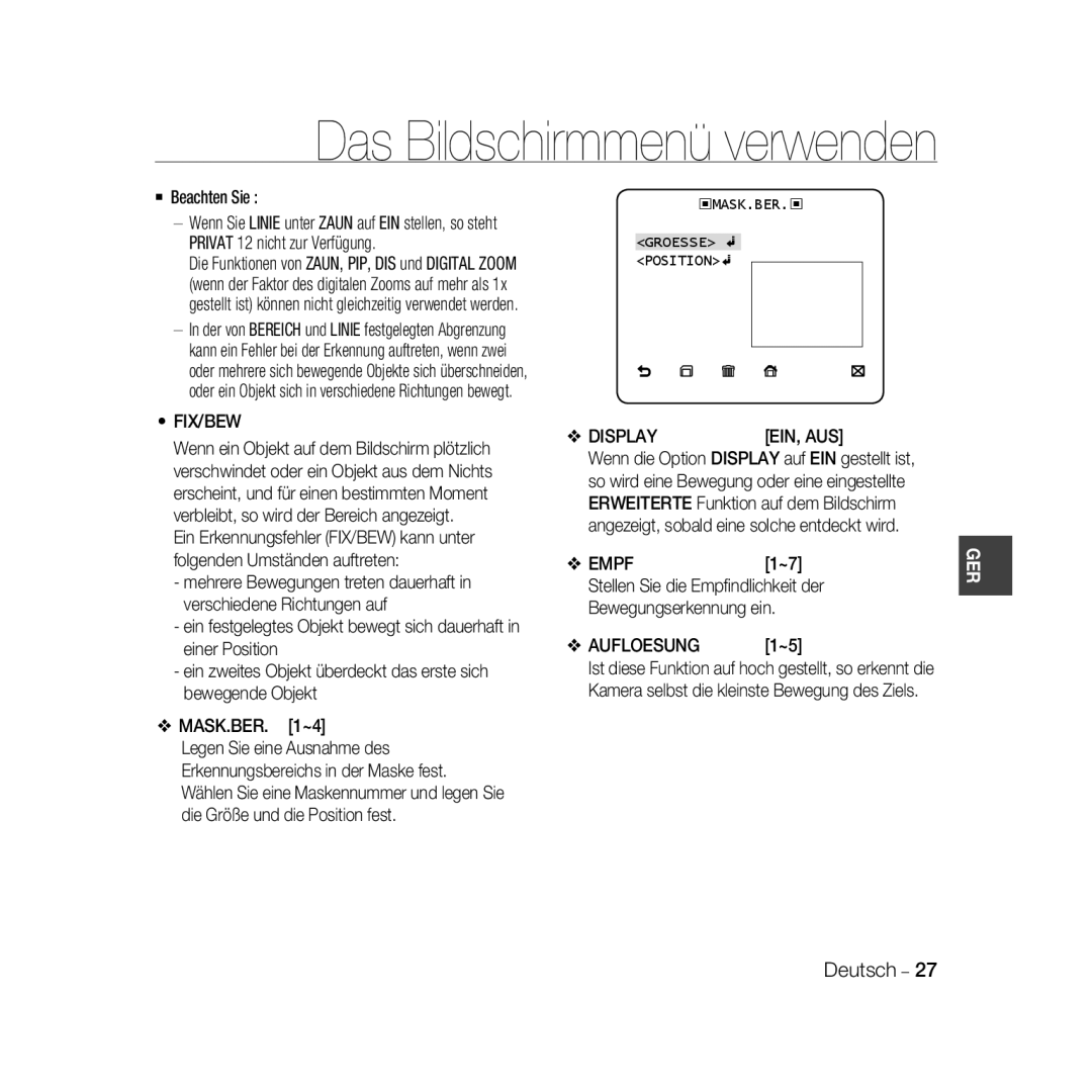 Samsung SCC-B5398BP, SCC-B5398P, SCC-B5396P manual Fix/Bew, Display EIN, AUS, Empf, Aufloesung 