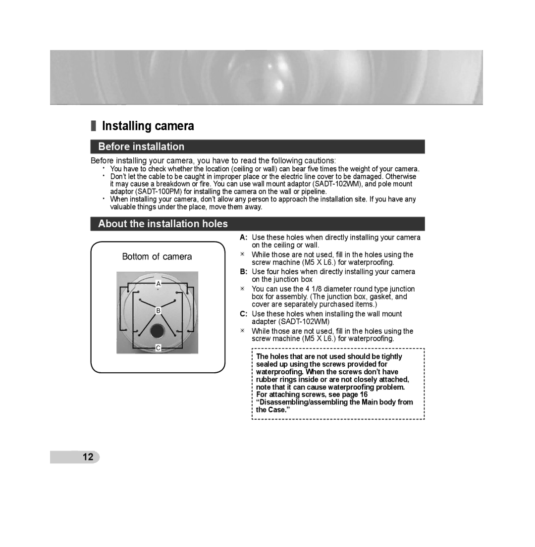 Samsung SCC-B539X manual Installing camera, Before installation, About the installation holes 