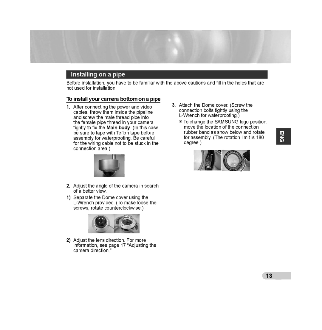 Samsung SCC-B539X manual Installing on a pipe, To install your camera bottom on a pipe 