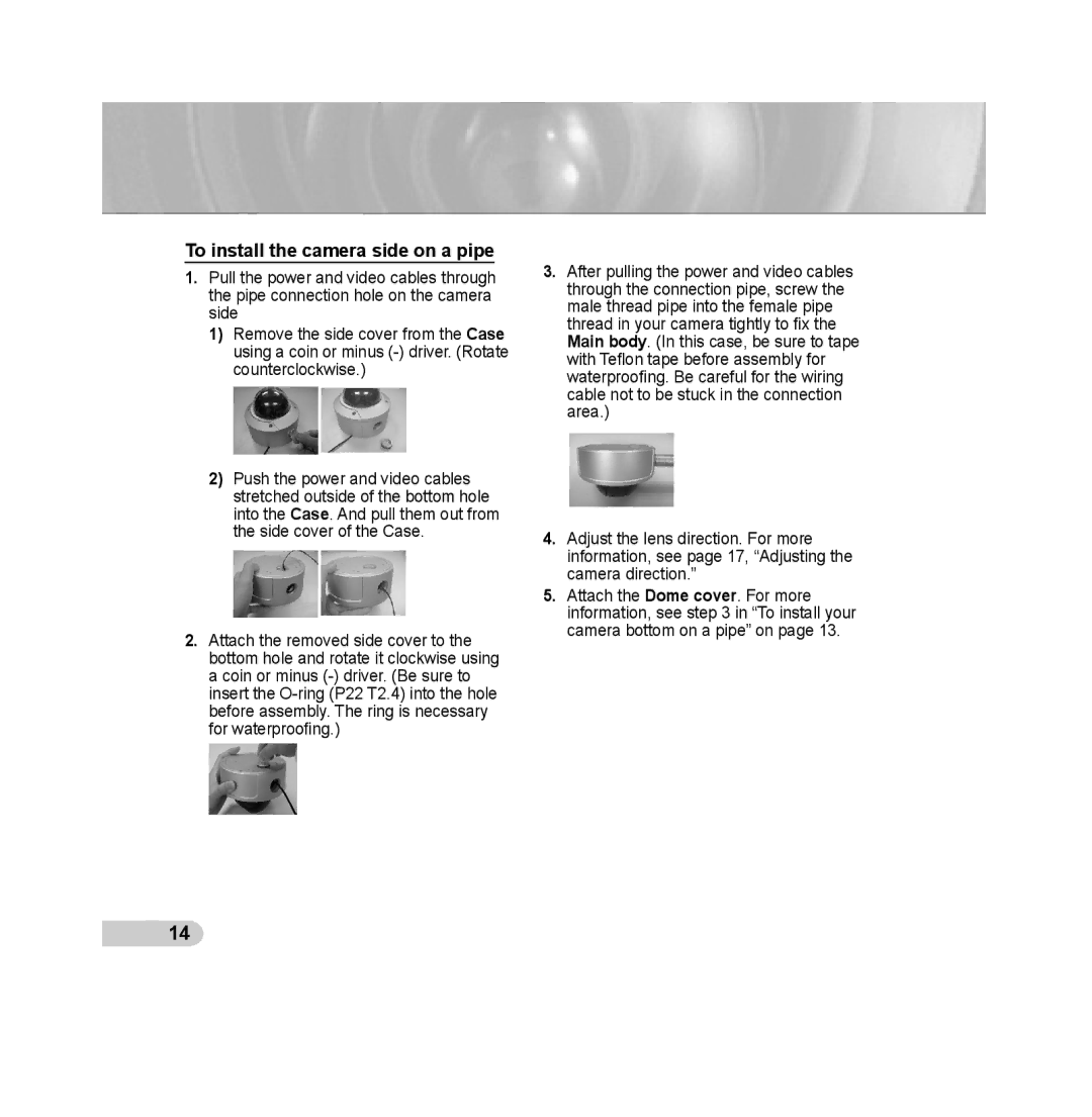 Samsung SCC-B539X manual To install the camera side on a pipe 