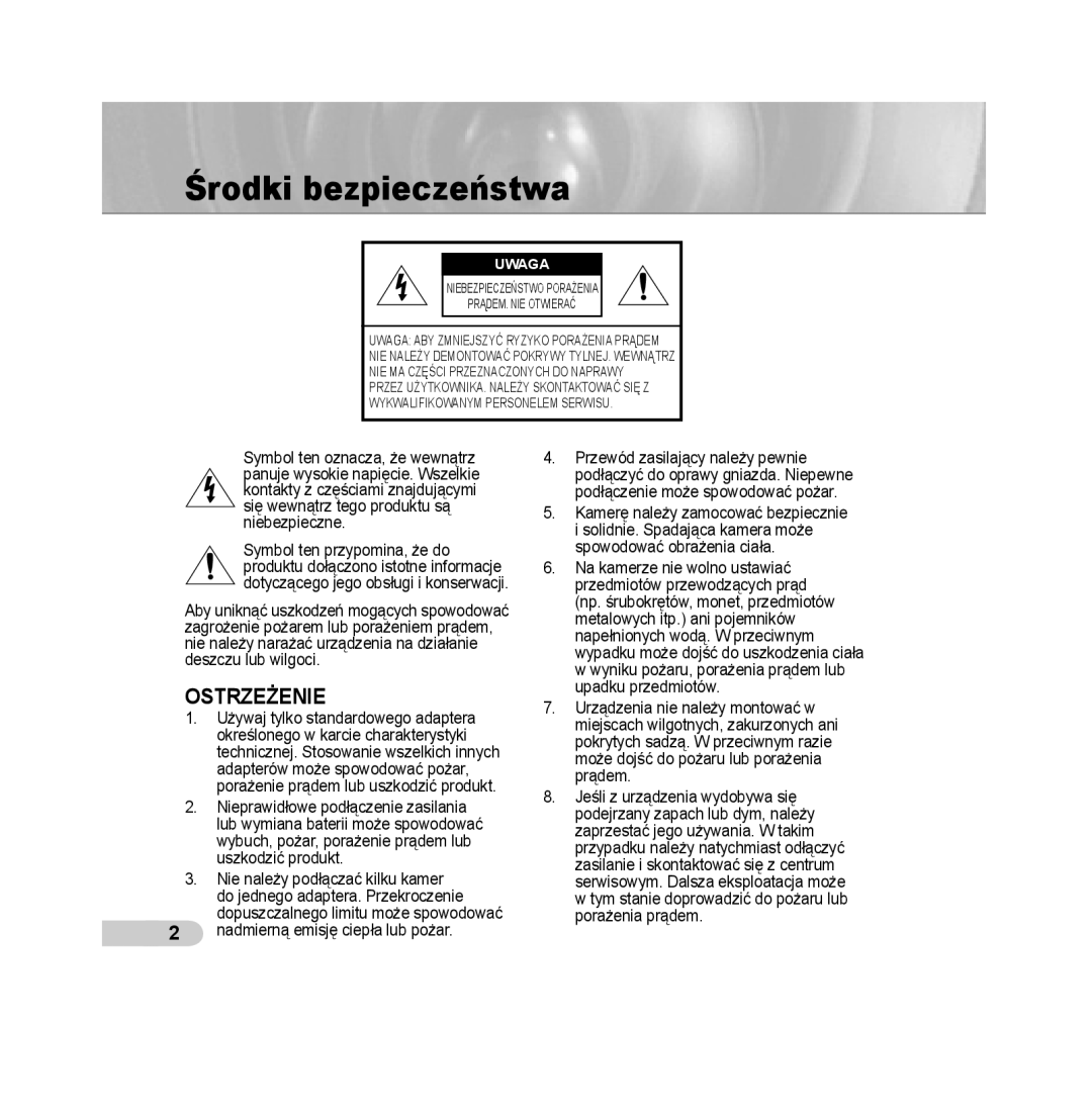 Samsung SCC-B539X manual Środki bezpieczeństwa, Uwaga 