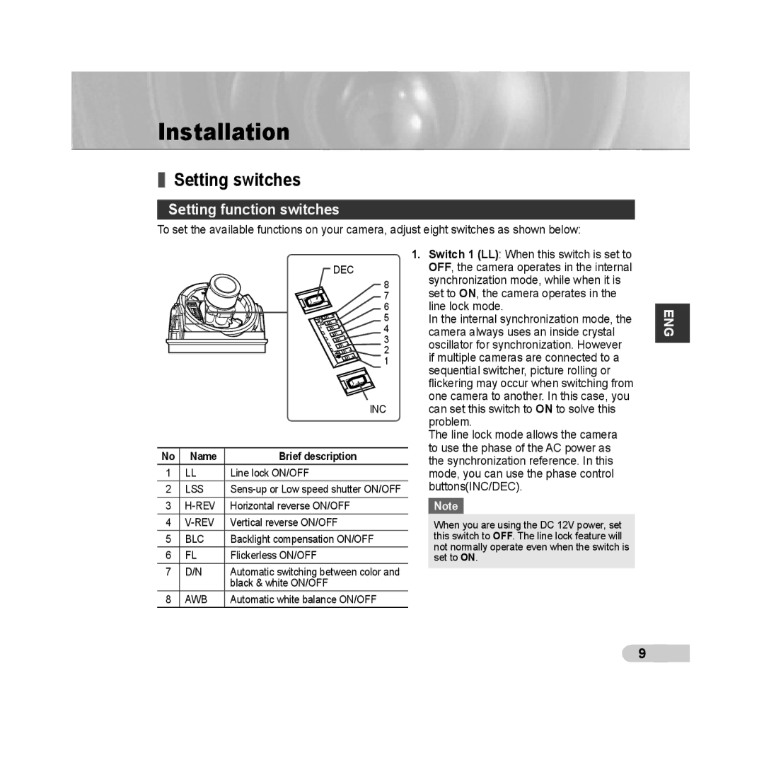 Samsung SCC-B539X manual Installation, Setting switches, Setting function switches, Name Brief description 