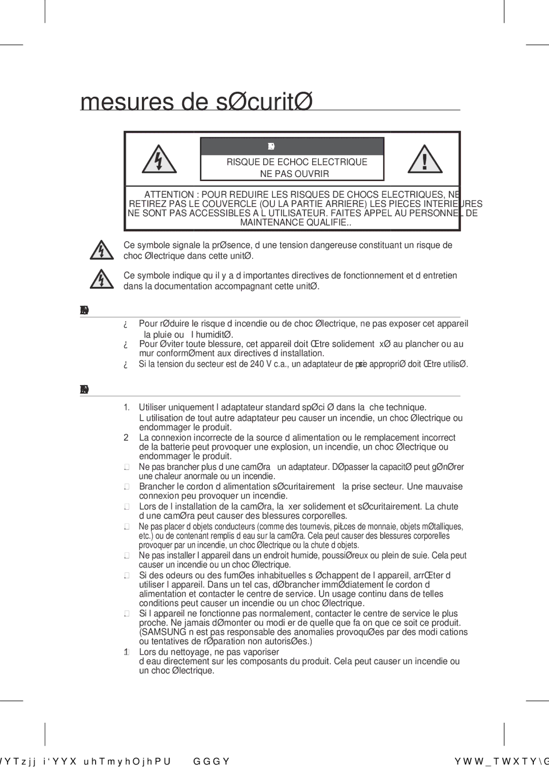 Samsung SCC-B9221 operating instructions Mesures de sécurité, Risque DE Echoc Electrique 