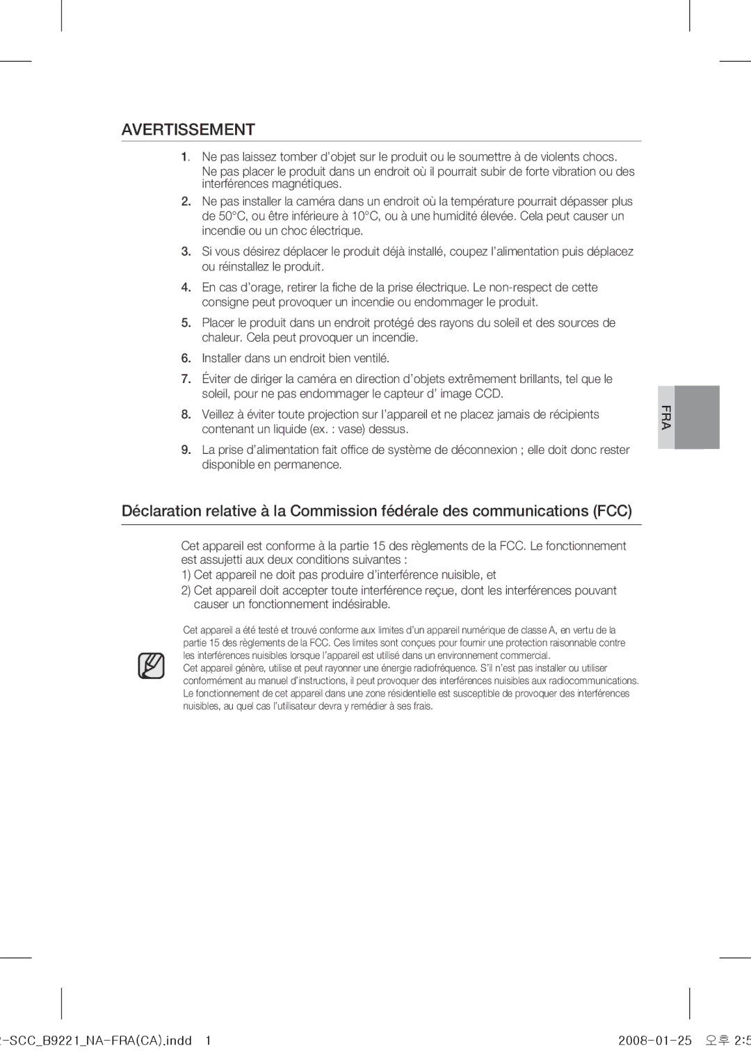 Samsung SCC-B9221 operating instructions Avertissement 