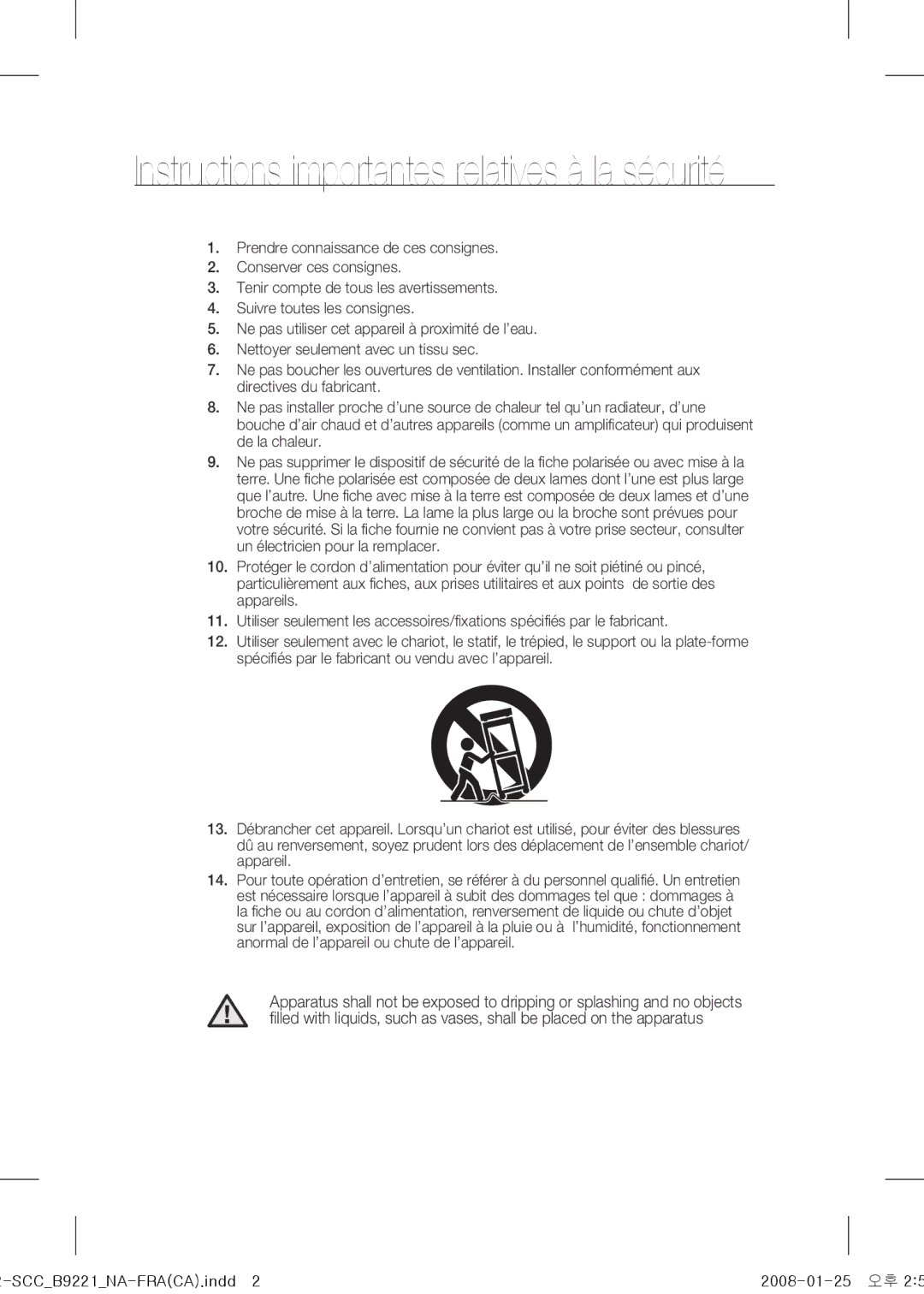 Samsung SCC-B9221 operating instructions Instructions importantes relatives à la sécurité 