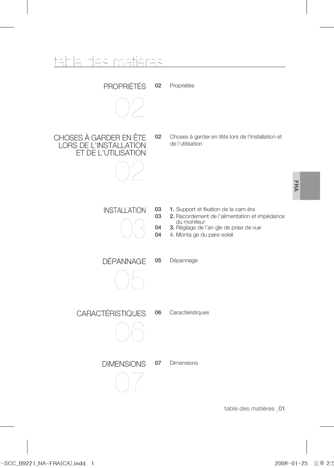 Samsung SCC-B9221 operating instructions Table des matières, Installation Dépannage 