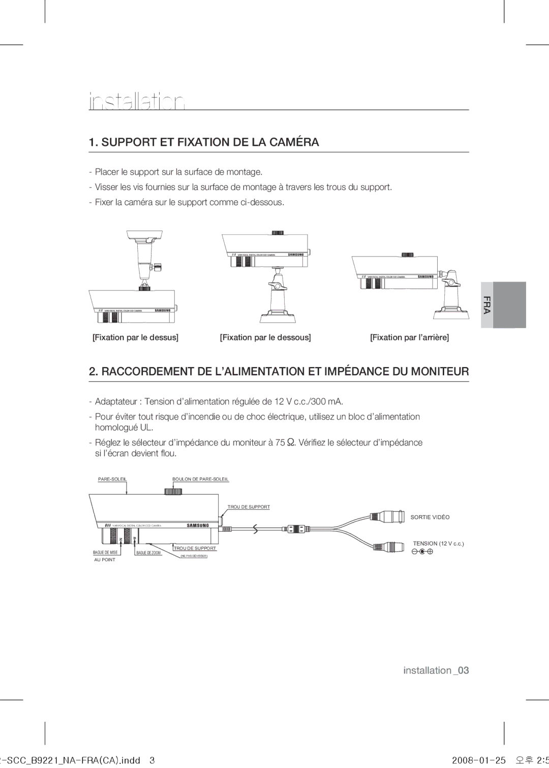 Samsung SCC-B9221 Support et fixation de la caméra, Raccordement de l’alimentation et impédance du moniteur 