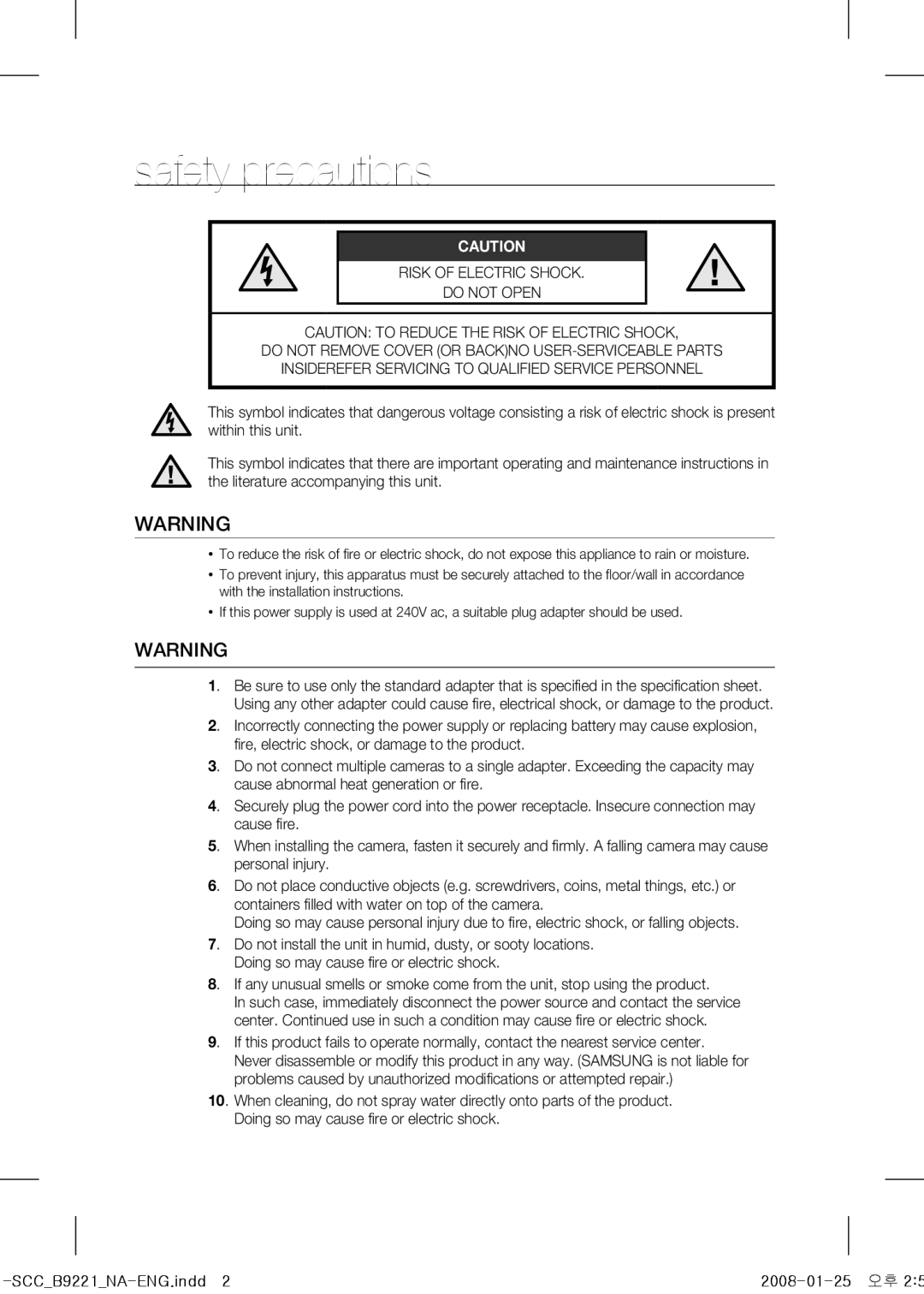 Samsung SCC-B9221 operating instructions Safety precautions 