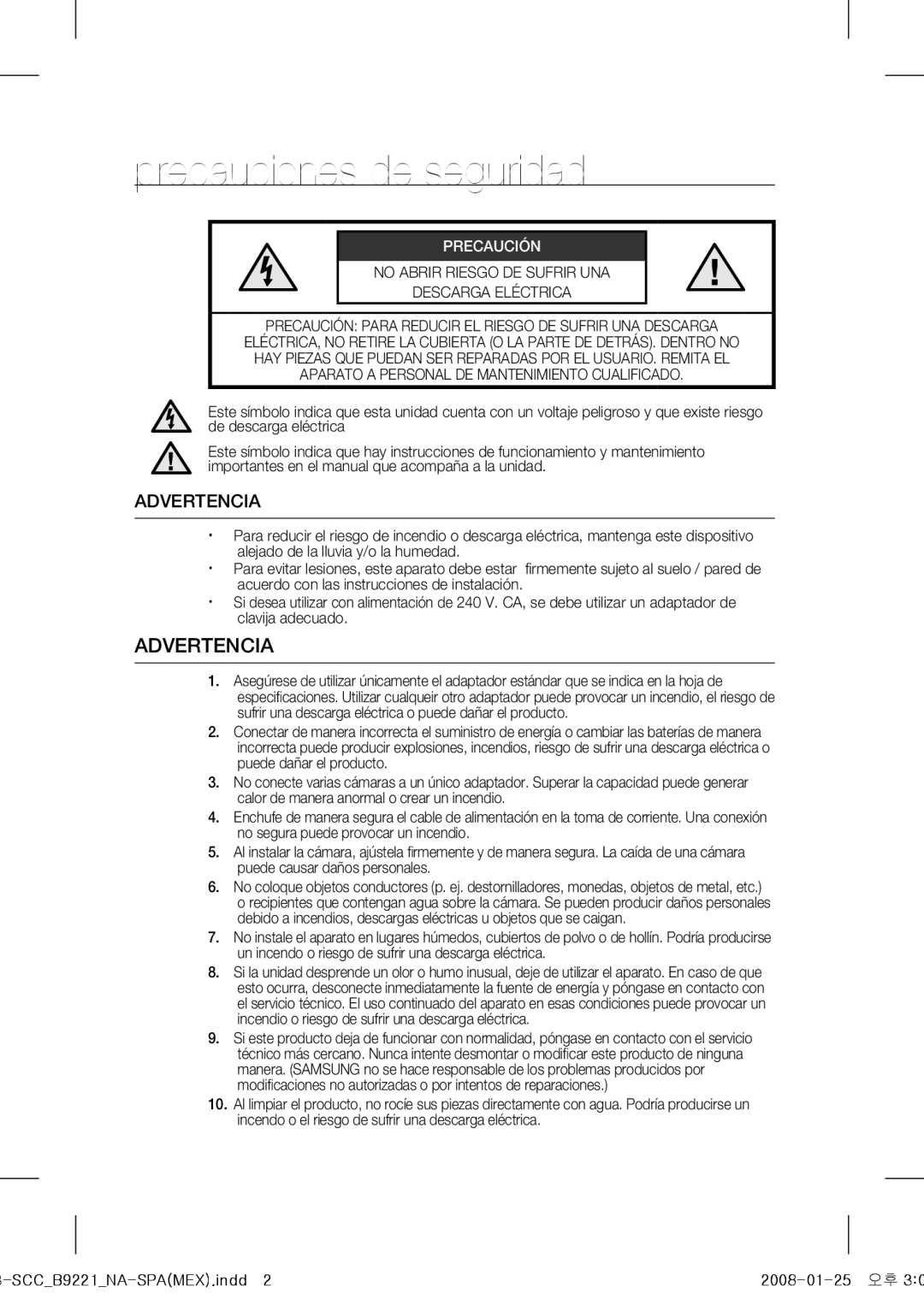 Samsung SCC-B9221 operating instructions Precauciones de seguridad, Advertencia 