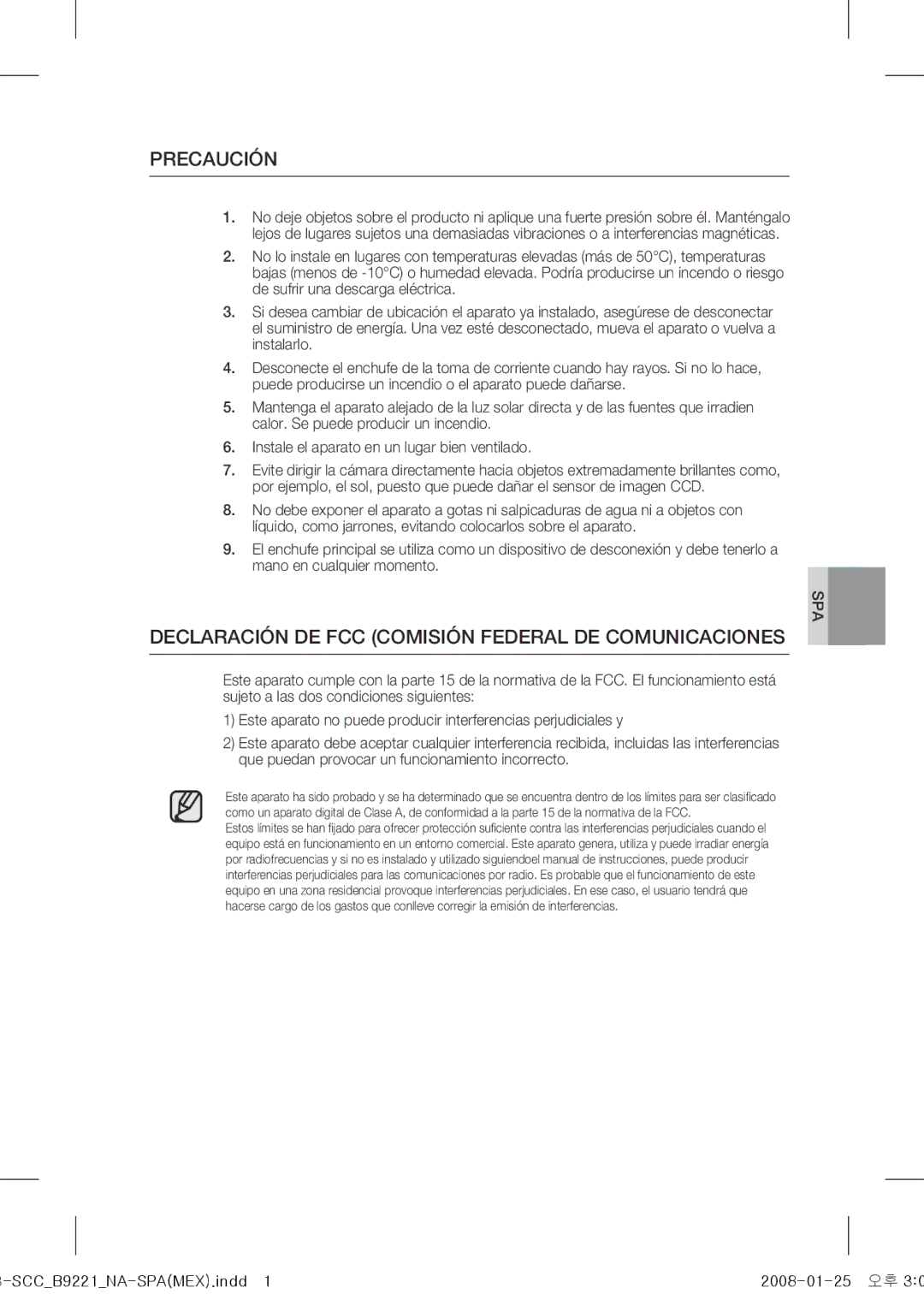 Samsung SCC-B9221 operating instructions Precaución, Declaración de FCC Comisión Federal de Comunicaciones 