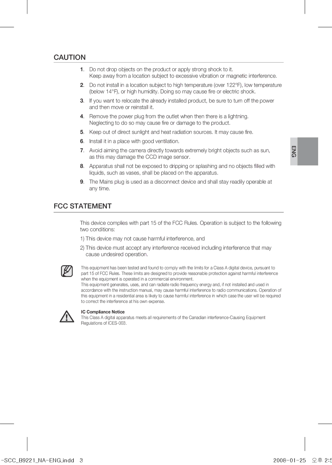 Samsung SCC-B9221 operating instructions FCC Statement, IC Compliance Notice 