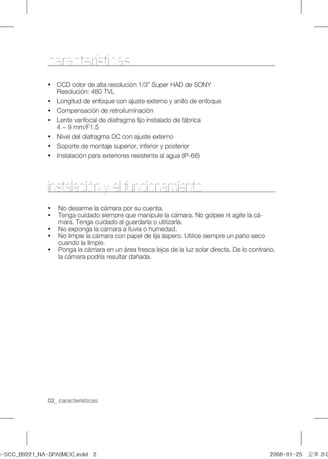 Samsung SCC-B9221 operating instructions Características, Instalación y el funcionamiento 