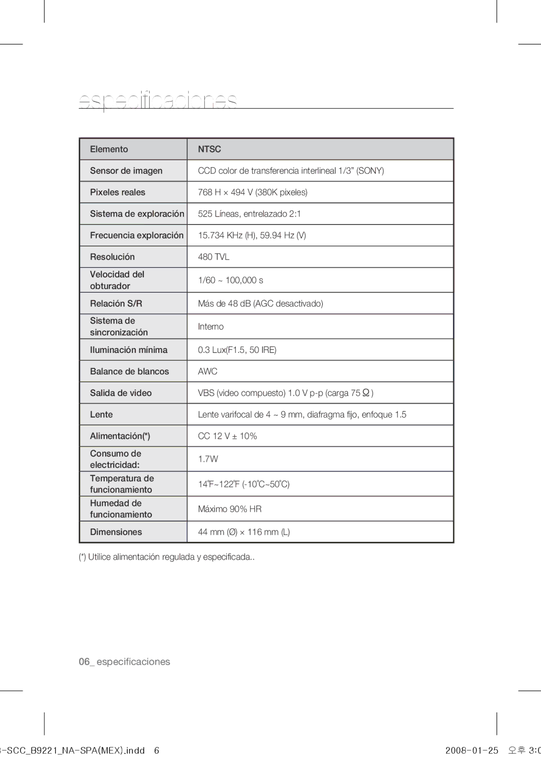 Samsung SCC-B9221 operating instructions Especificaciones 