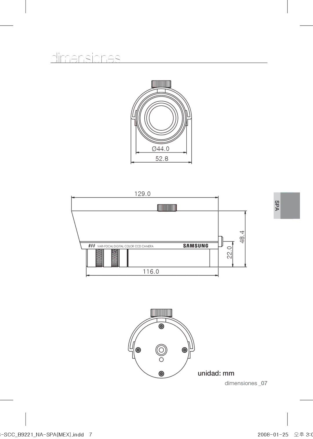 Samsung SCC-B9221 operating instructions Dimensiones, Unidad mm 