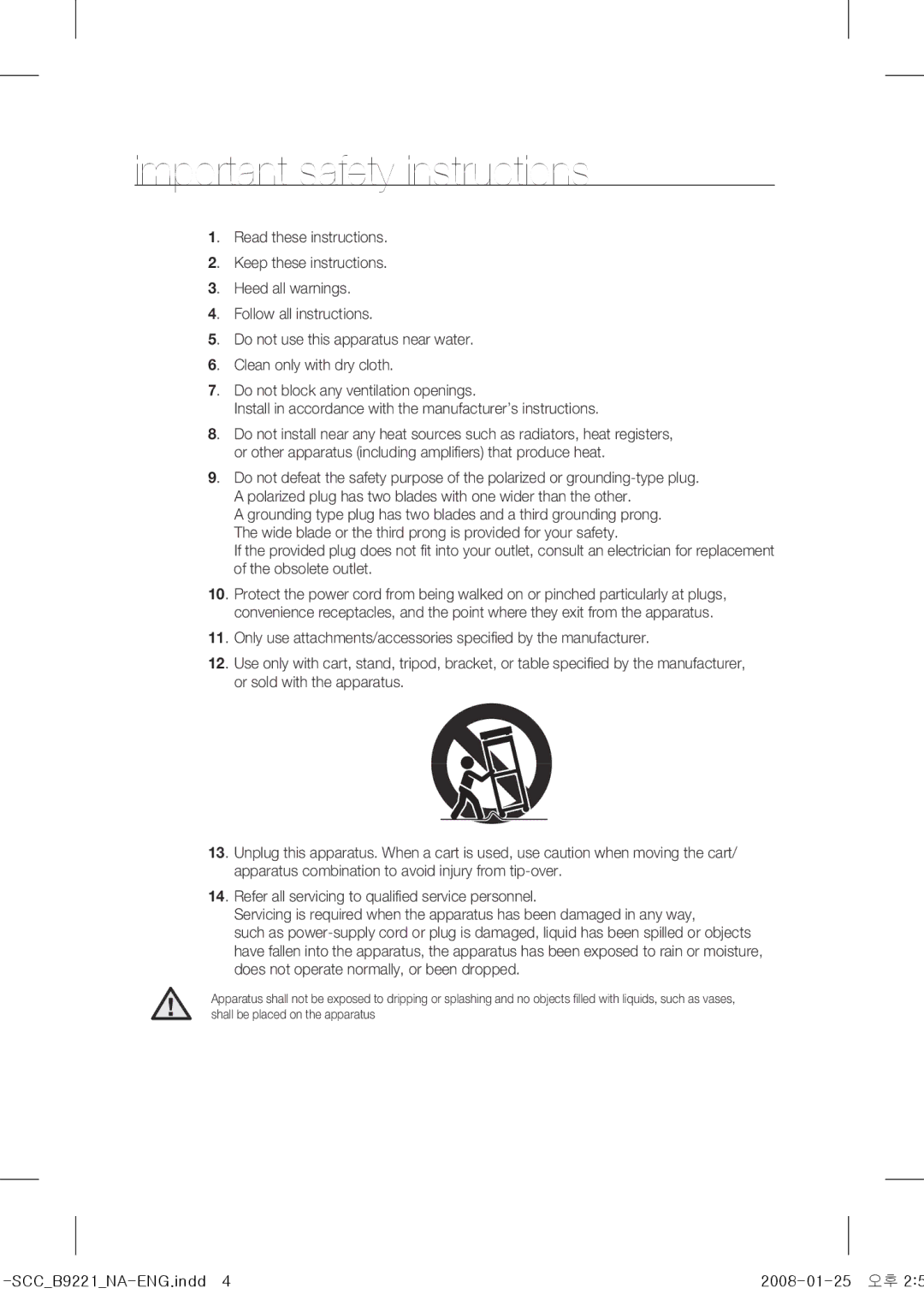 Samsung SCC-B9221 operating instructions Important safety instructions 