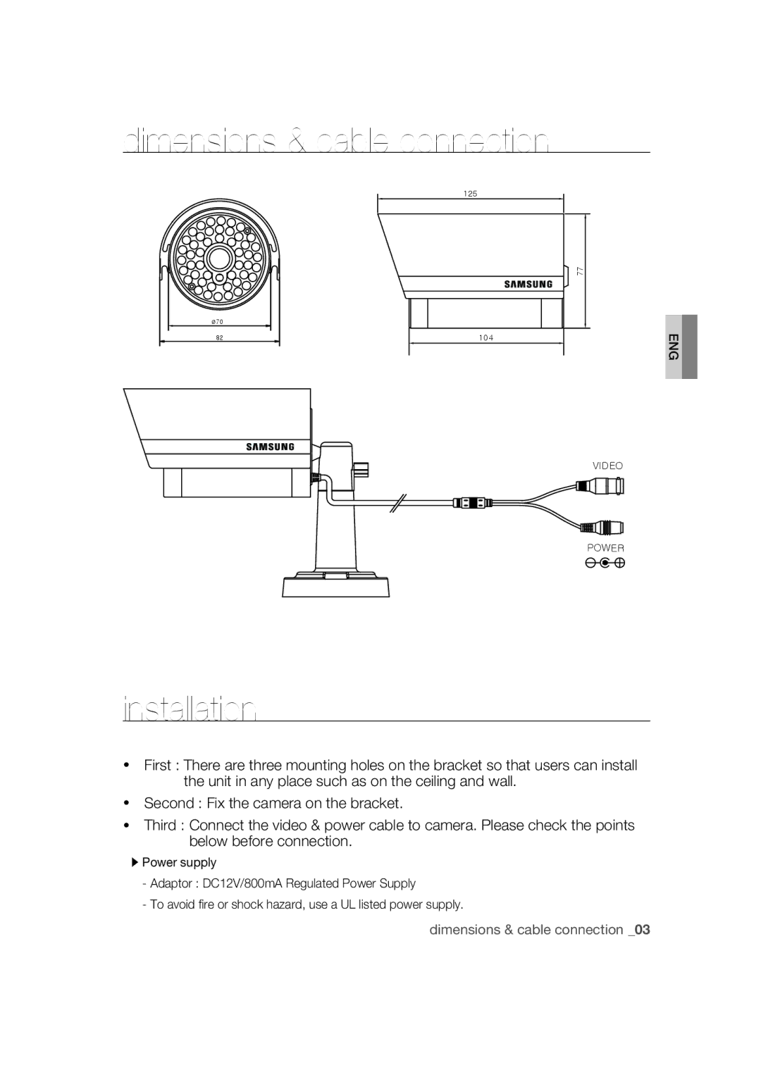 Samsung SCC-B9270 operating instructions Dimensions & cable connection, Installation 