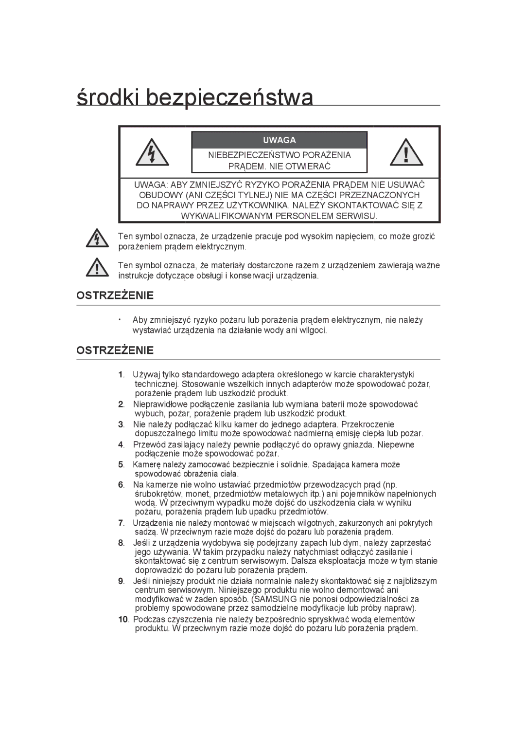 Samsung SCC-B9270P manual Środki bezpieczeństwa, Ostrzeżenie 