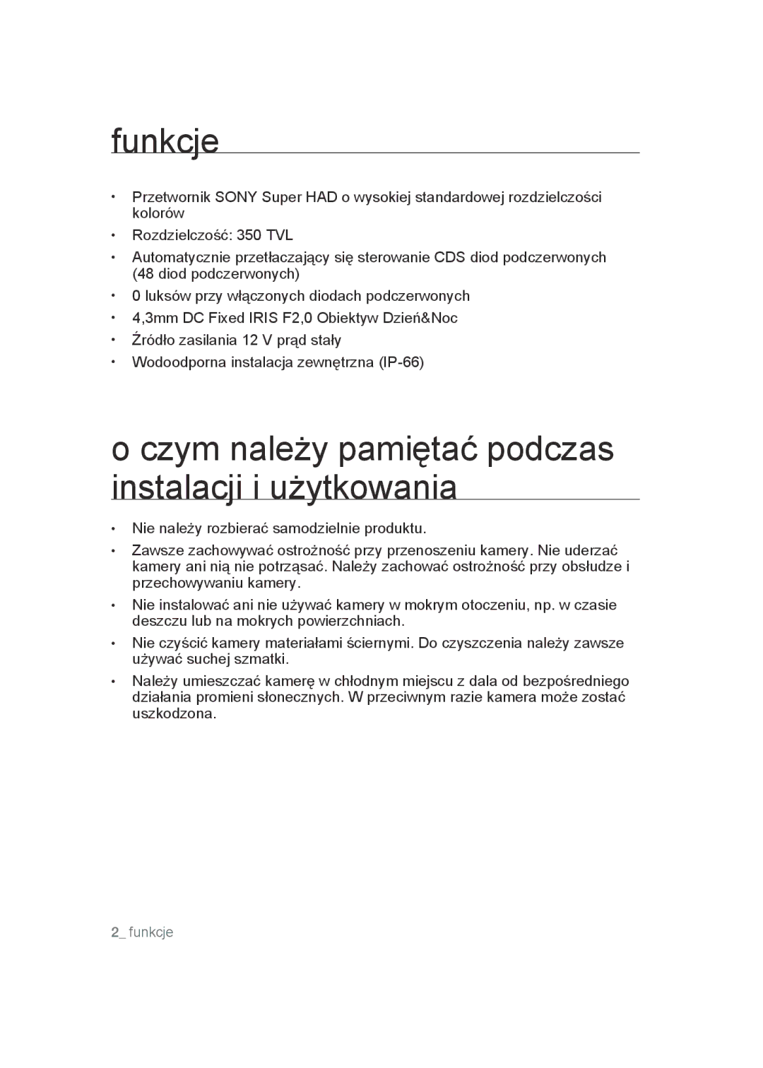 Samsung SCC-B9270P manual Funkcje, Czym należy pamiętać podczas instalacji i użytkowania 