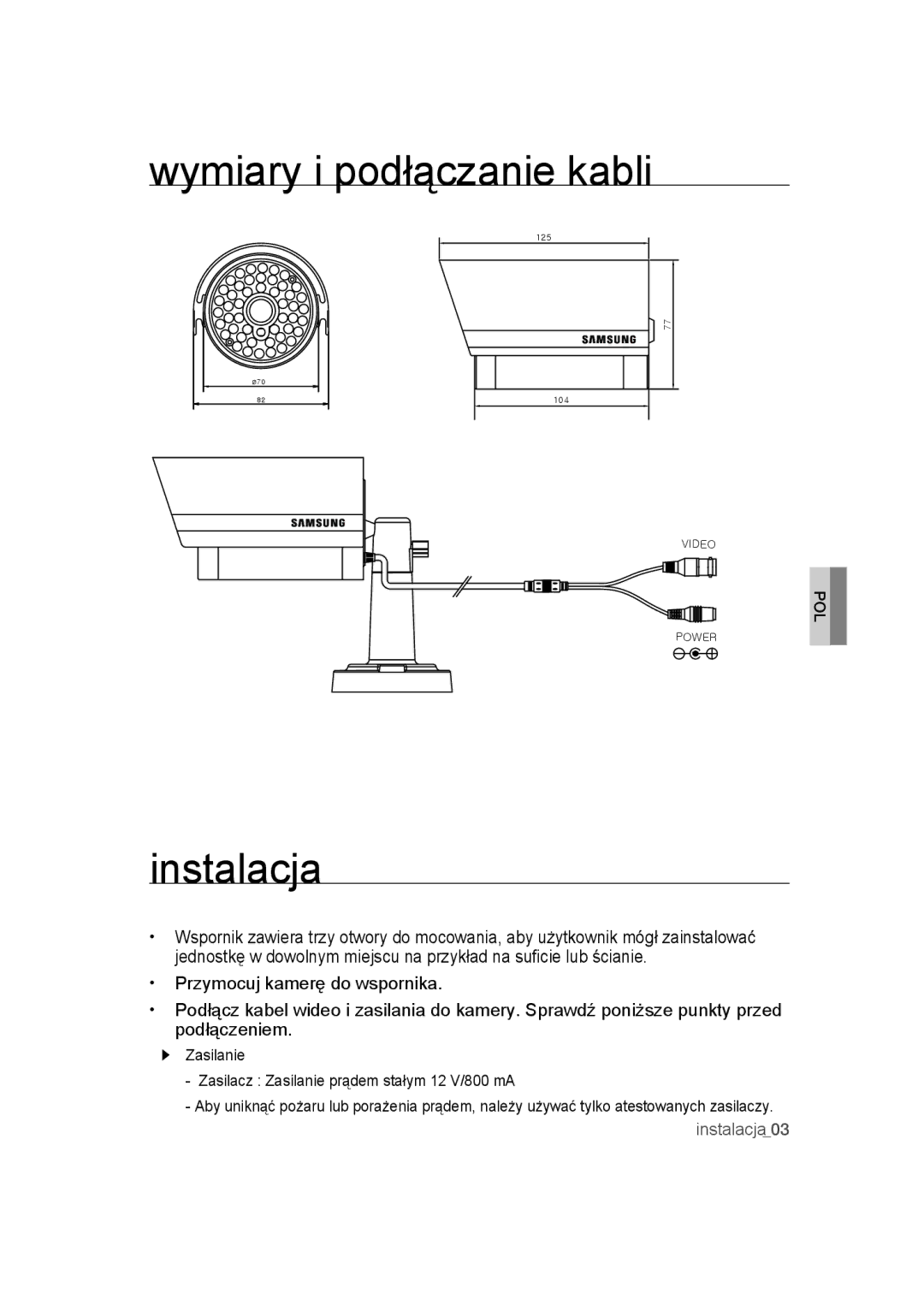 Samsung SCC-B9270P manual Wymiary i podłączanie kabli, Instalacja 