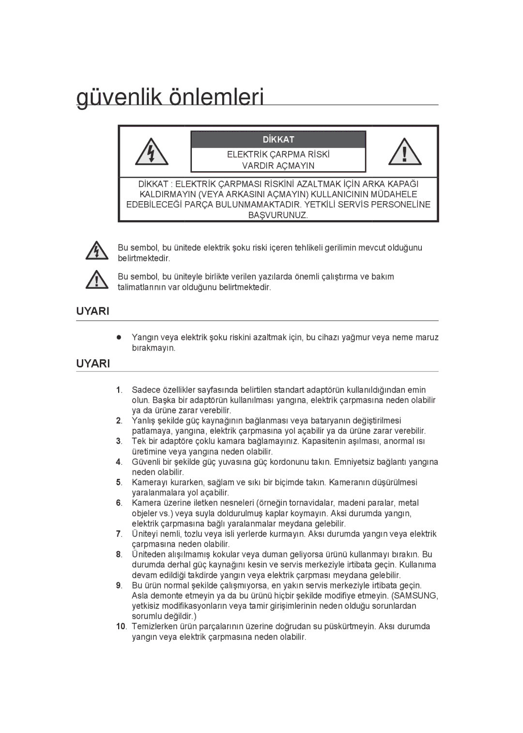 Samsung SCC-B9270P manual Güvenlik önlemleri, Uyari 