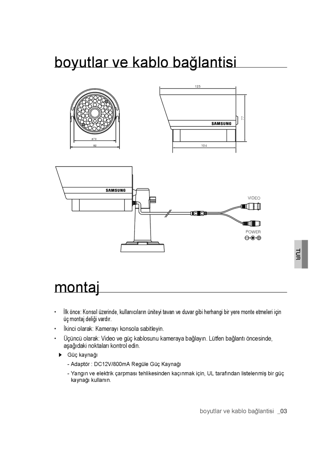 Samsung SCC-B9270P manual Boyutlar ve kablo bağlantisi, Montaj 