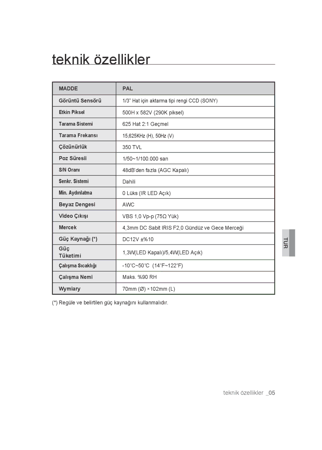 Samsung SCC-B9270P manual Teknik özellikler, Madde PAL 