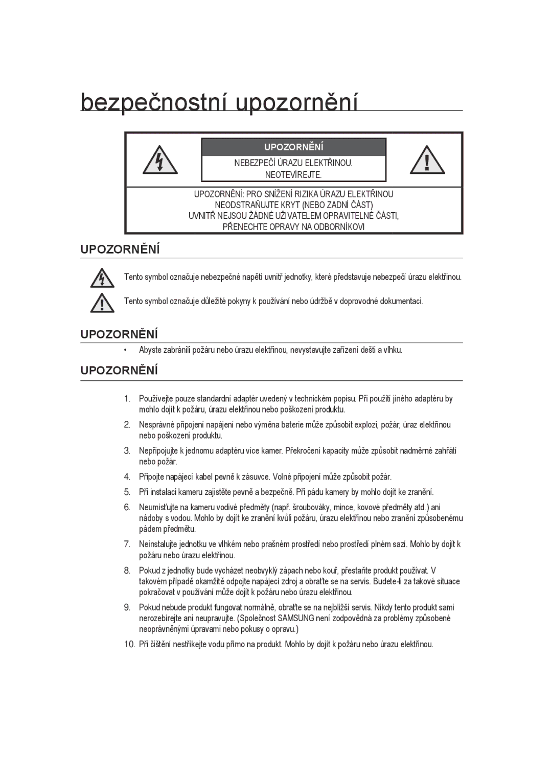 Samsung SCC-B9270P manual Bezpečnostní upozornění, Upozornění 