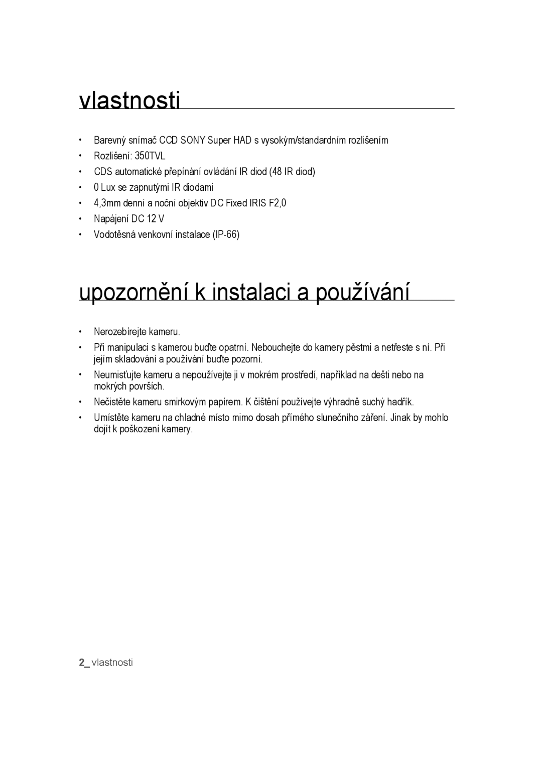 Samsung SCC-B9270P manual Vlastnosti, Upozornění k instalaci a používání 