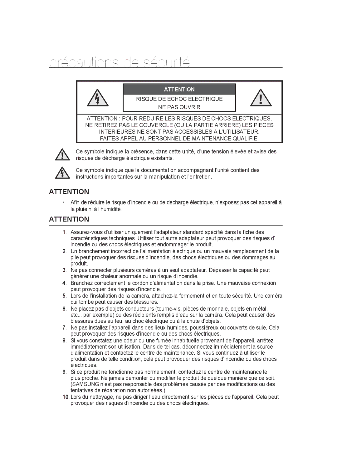 Samsung SCC-B9270P manual Précautions de sécurité 