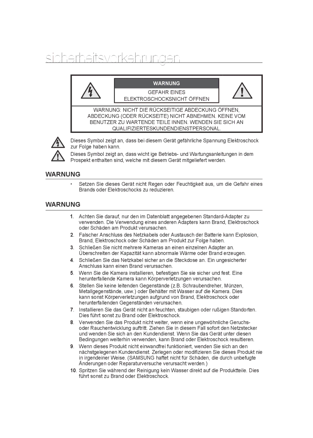 Samsung SCC-B9270P manual Sicherheitsvorkehrungen, Warnung 