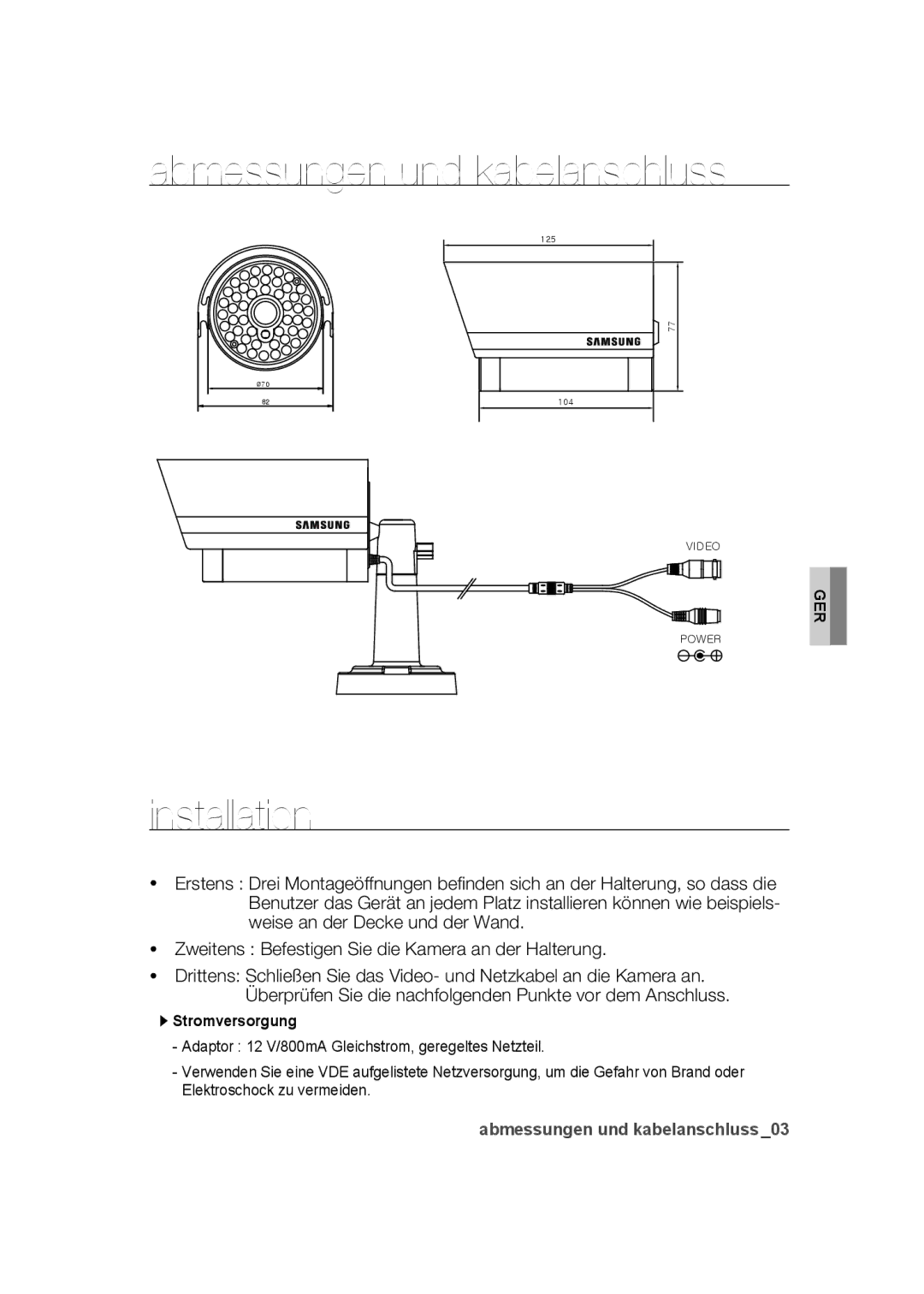 Samsung SCC-B9270P manual Abmessungen und kabelanschluss, Stromversorgung 