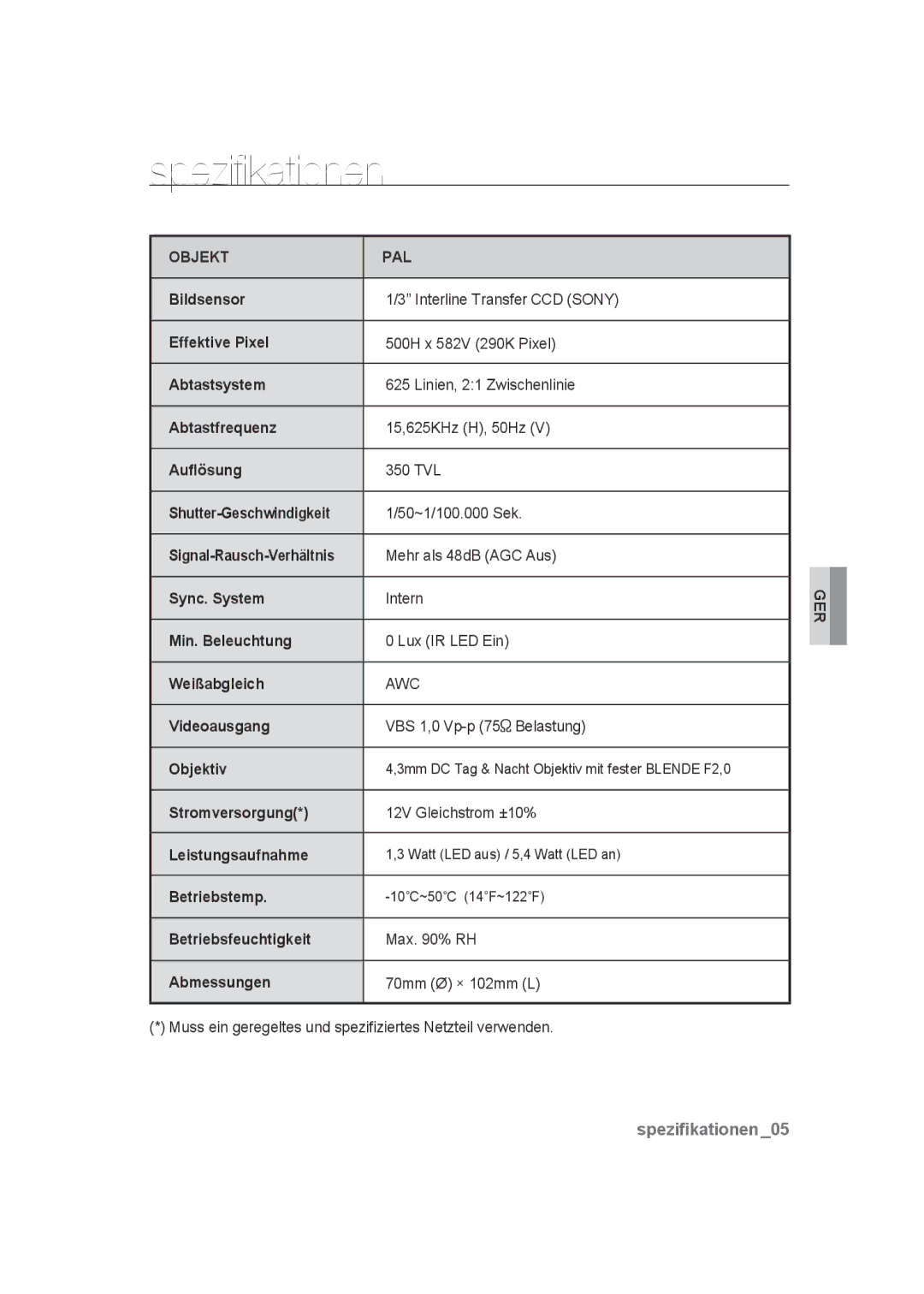 Samsung SCC-B9270P manual Spezifikationen, Objekt PAL 