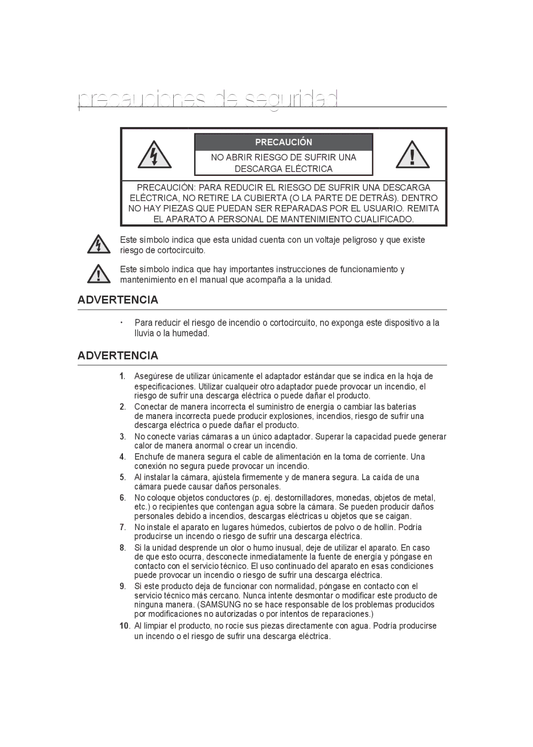 Samsung SCC-B9270P manual Precauciones de seguridad, Advertencia 