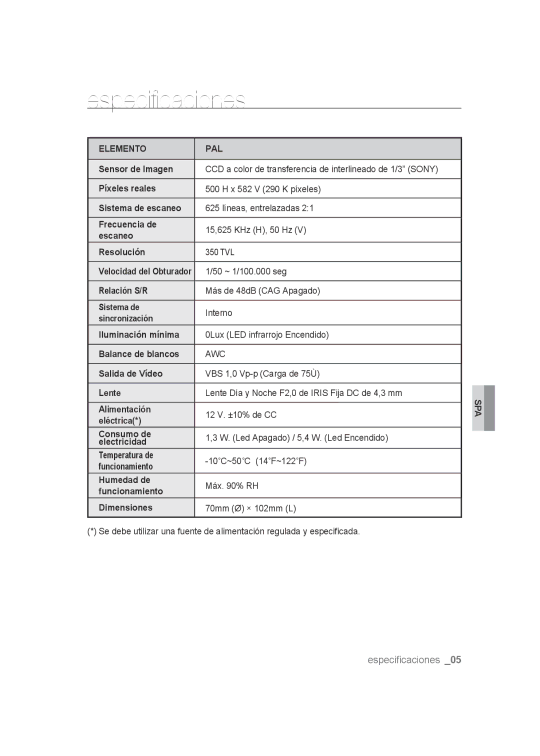 Samsung SCC-B9270P manual Especificaciones, Elemento PAL 