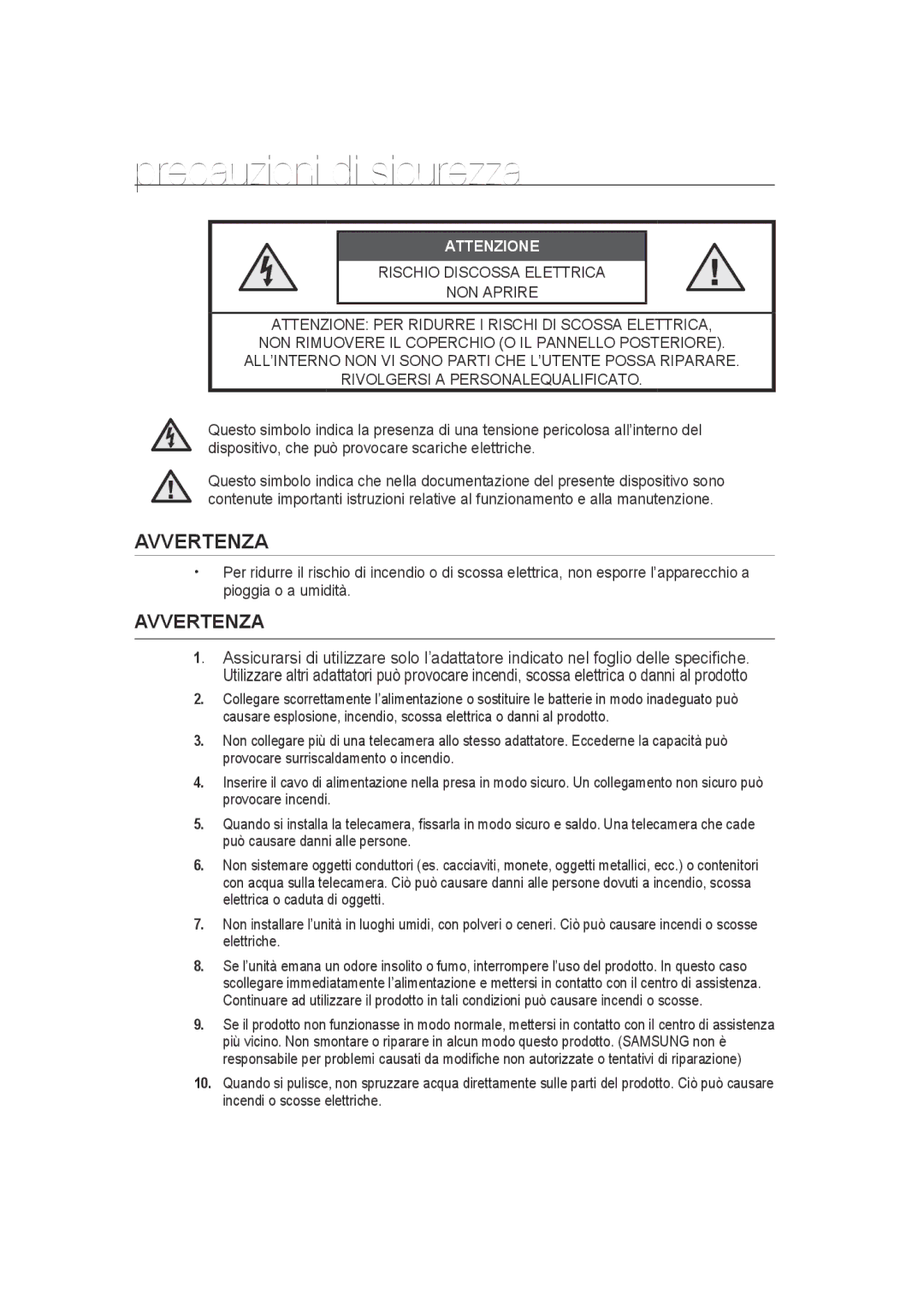 Samsung SCC-B9270P manual Precauzioni di sicurezza, Avvertenza 