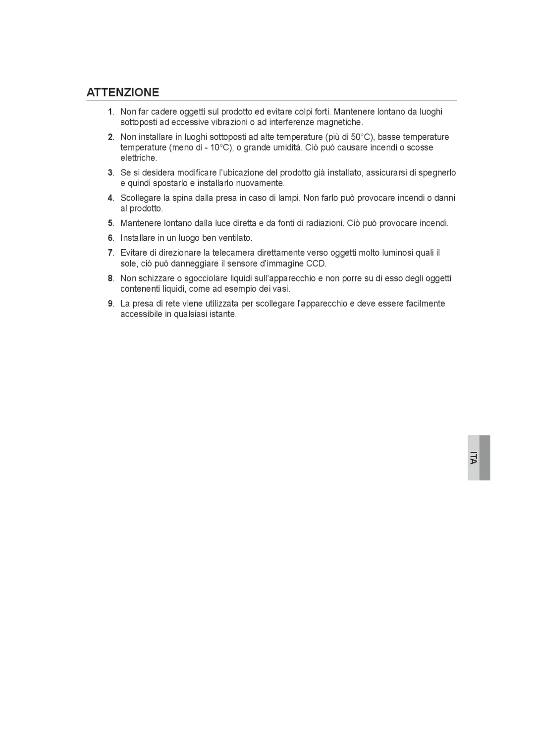 Samsung SCC-B9270P manual Attenzione 