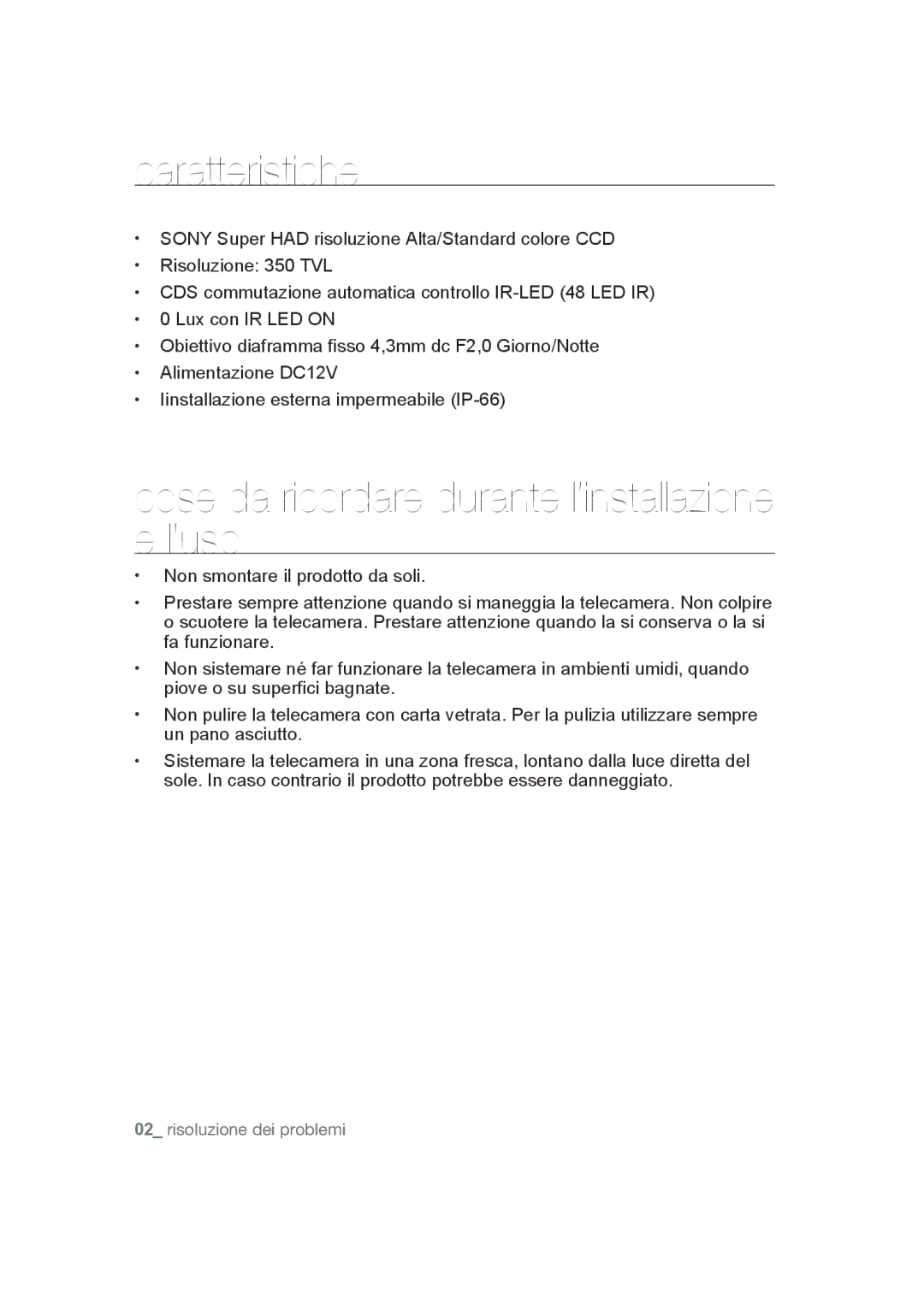 Samsung SCC-B9270P manual Caratteristiche, Cose da ricordare durante l’installazione e l’uso 