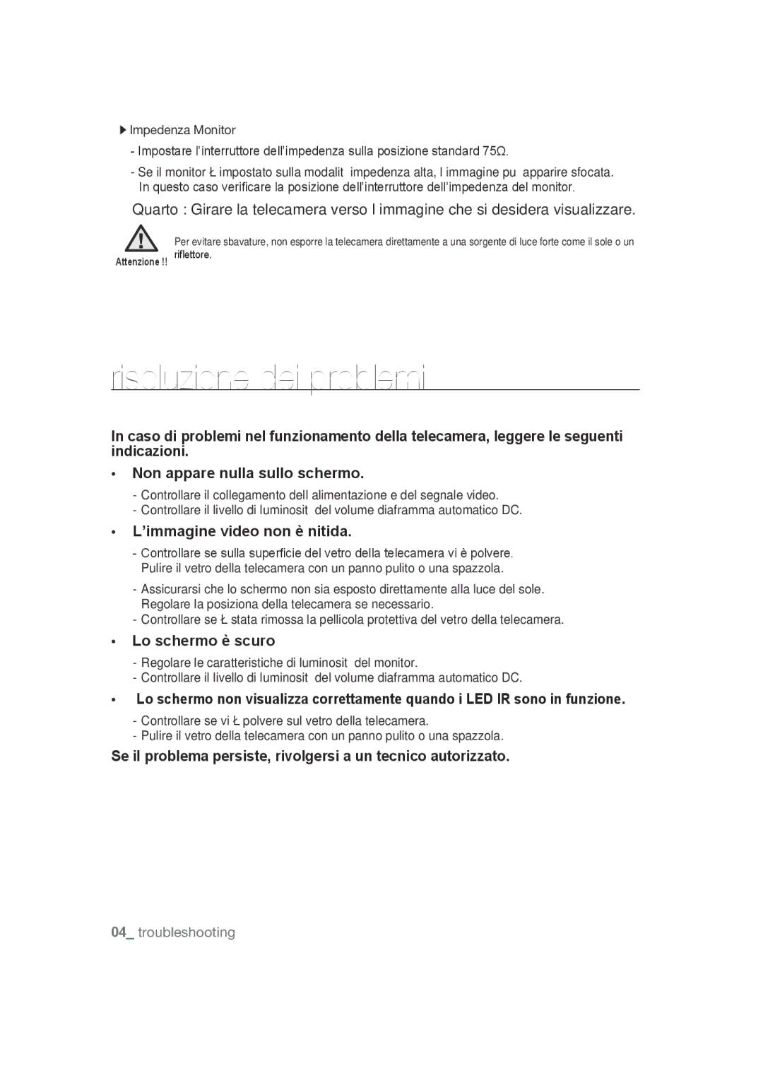 Samsung SCC-B9270P manual Risoluzione dei problemi, ’immagine video non è nitida 