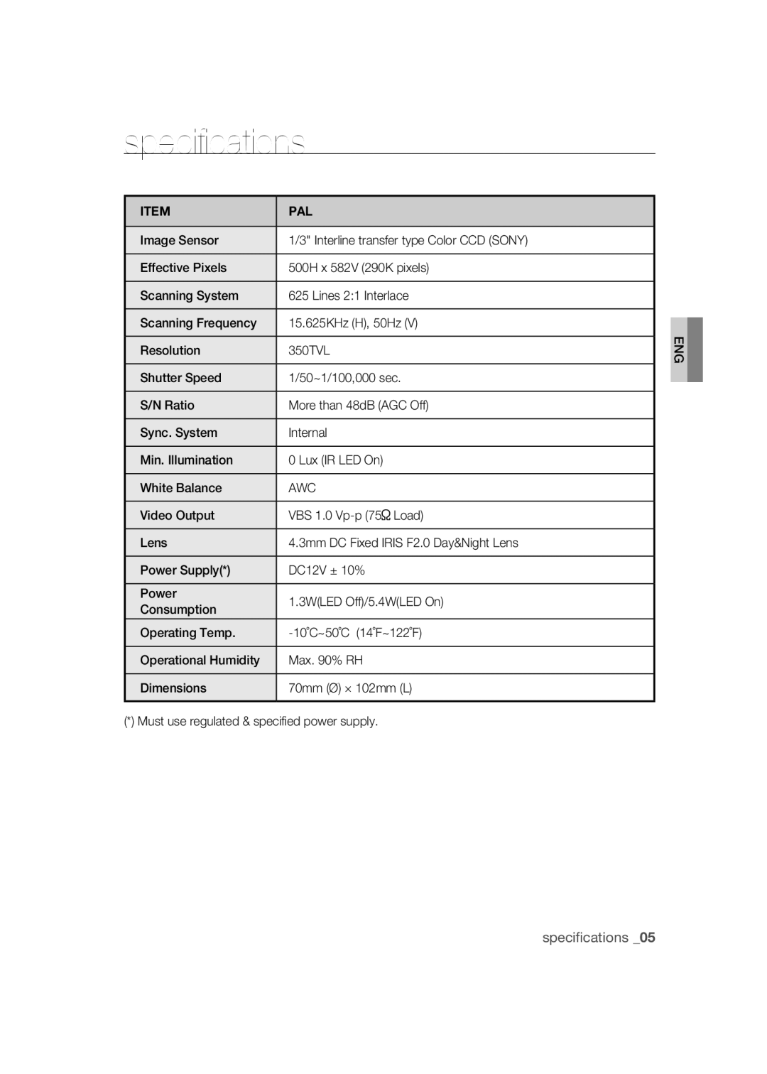 Samsung SCC-B9270P manual Specifications, Pal 